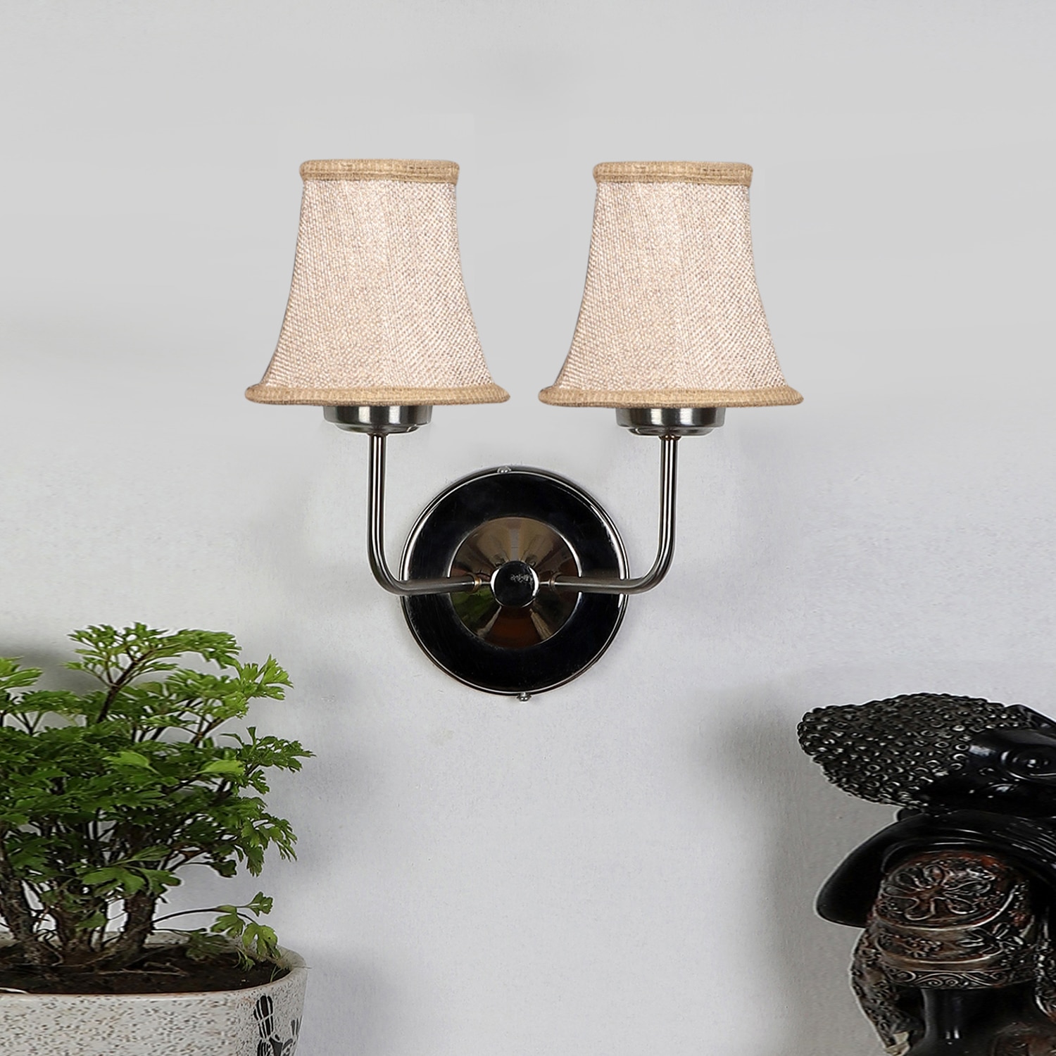 Devansh Dual Steel Metal Wallmounted Lamp With Beige Jute Shade