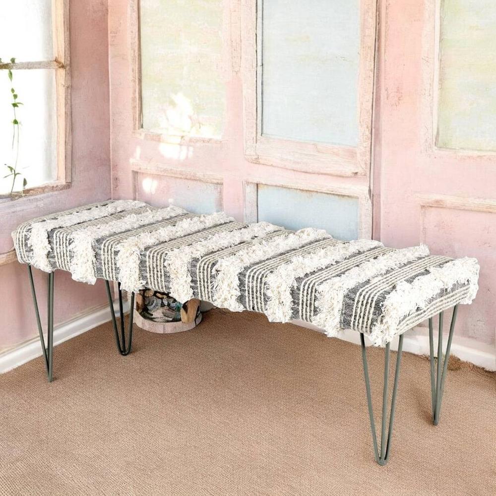 Belmont Sheesham Wood Mid Century 3 Seater Bench With Metal Legs In Grey Fabric