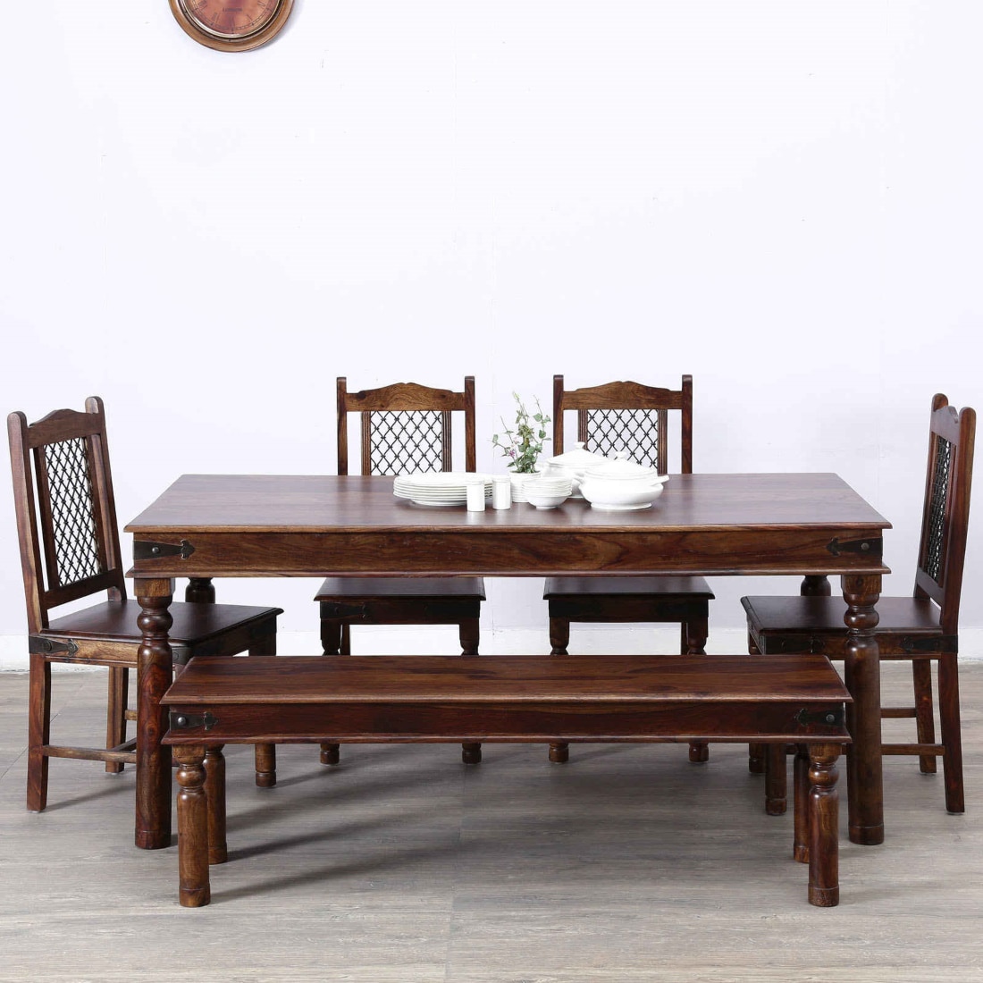 Iron jali Sheesham Wood 6 Seater dining set with Bench In Provincial Teak Finish