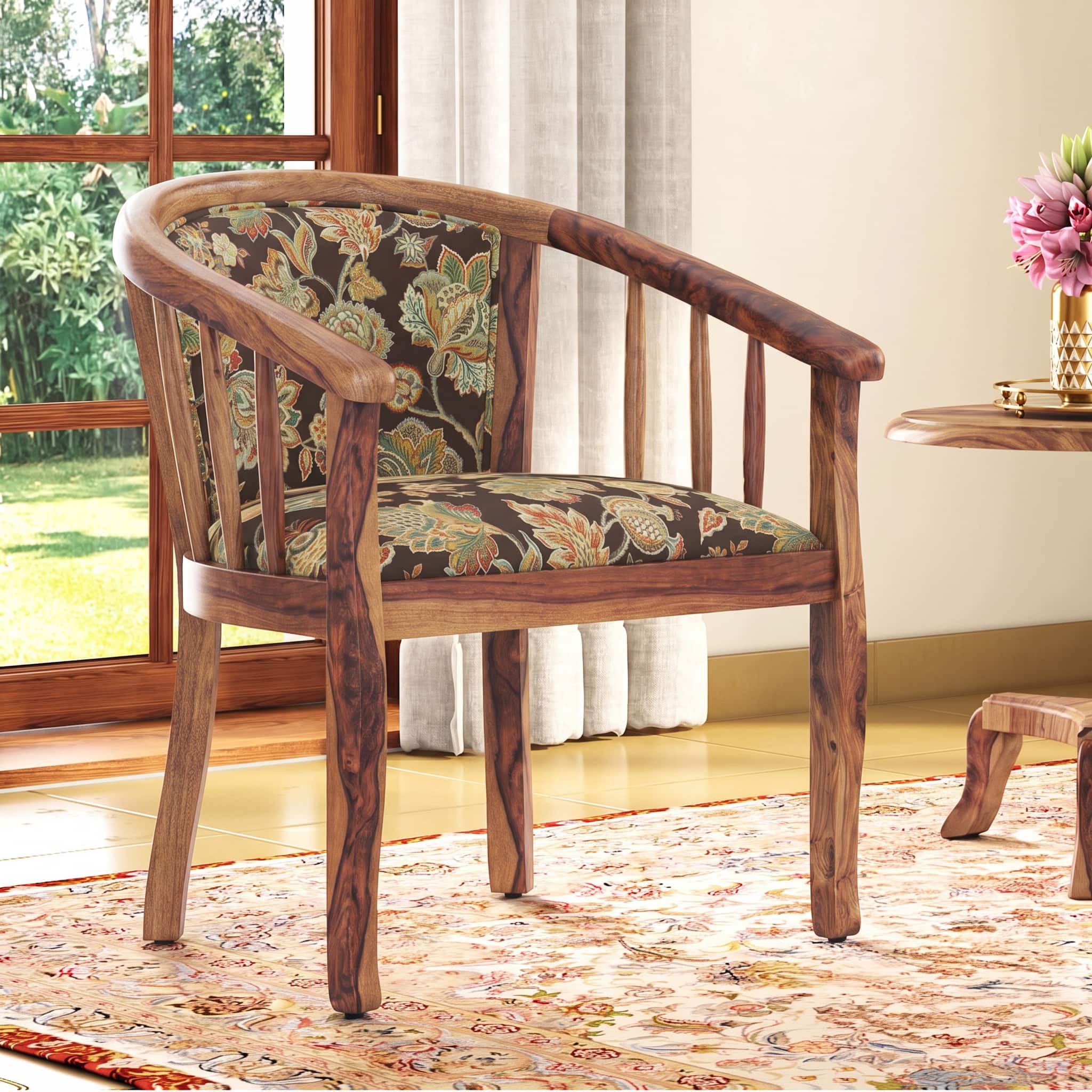 Bella Solid Wood Lounge Chair Finish Teak with Chintz Floral Colour - Urban Ladder