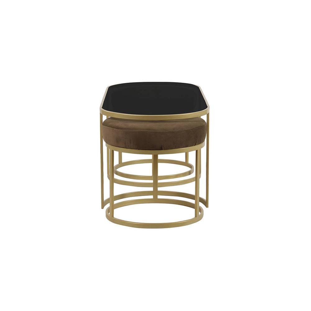 Benton Nesting Black Glass Coffee Table Set With 2 Stools In Gold Finish