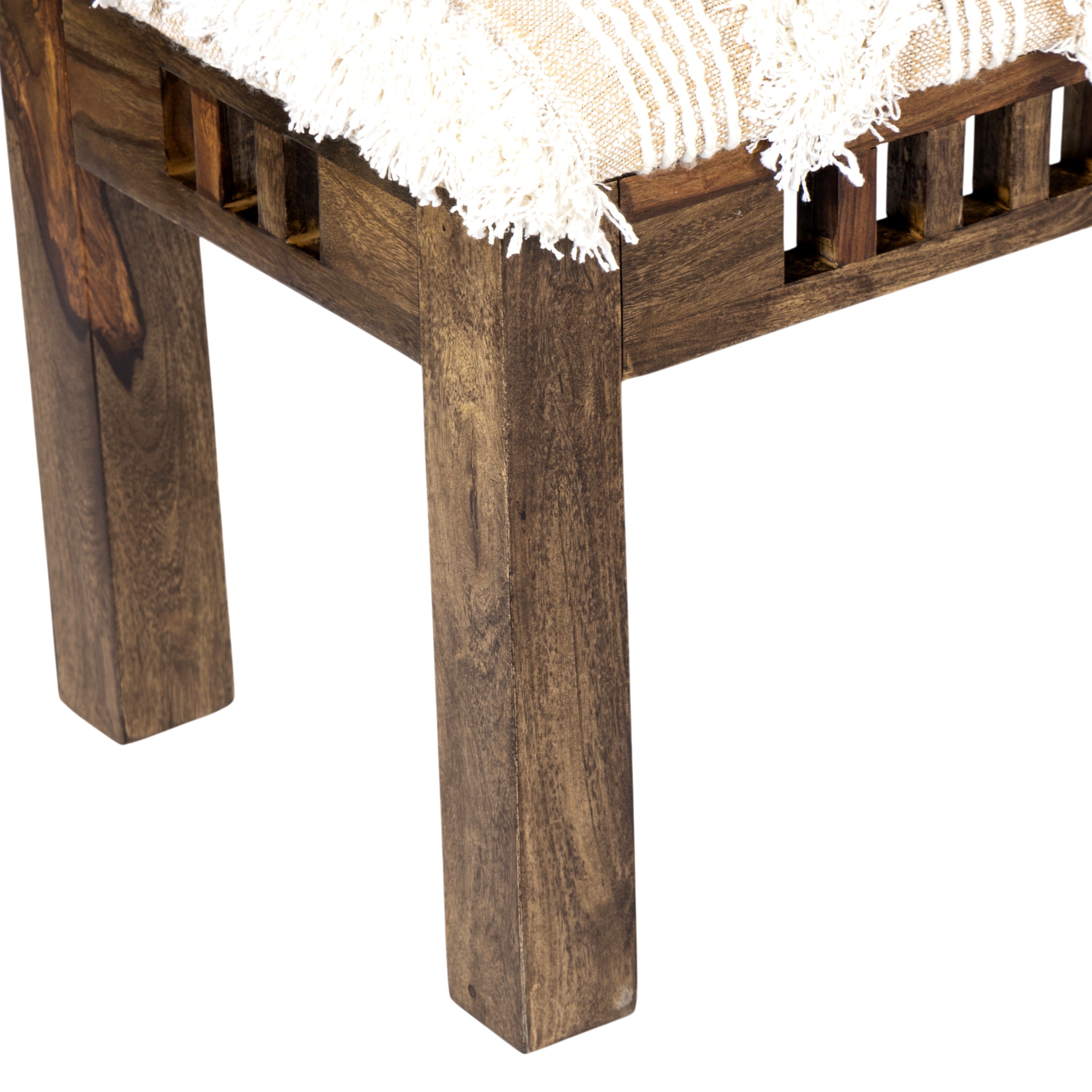 Milford Sheesham Wood Mid Century 3 Seater Bench In Beige Fabric