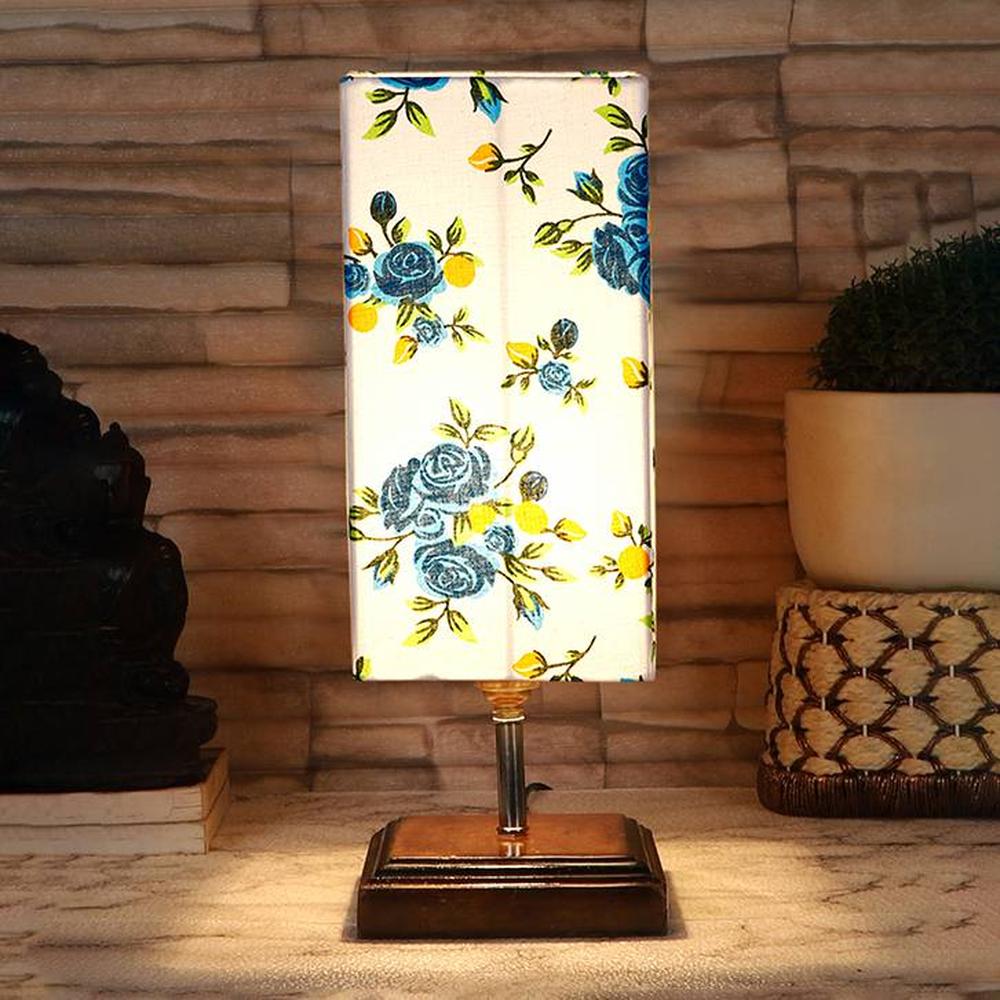 Emrys Multicolor cotton table lamp with Square Brown Wood Base - Devansh