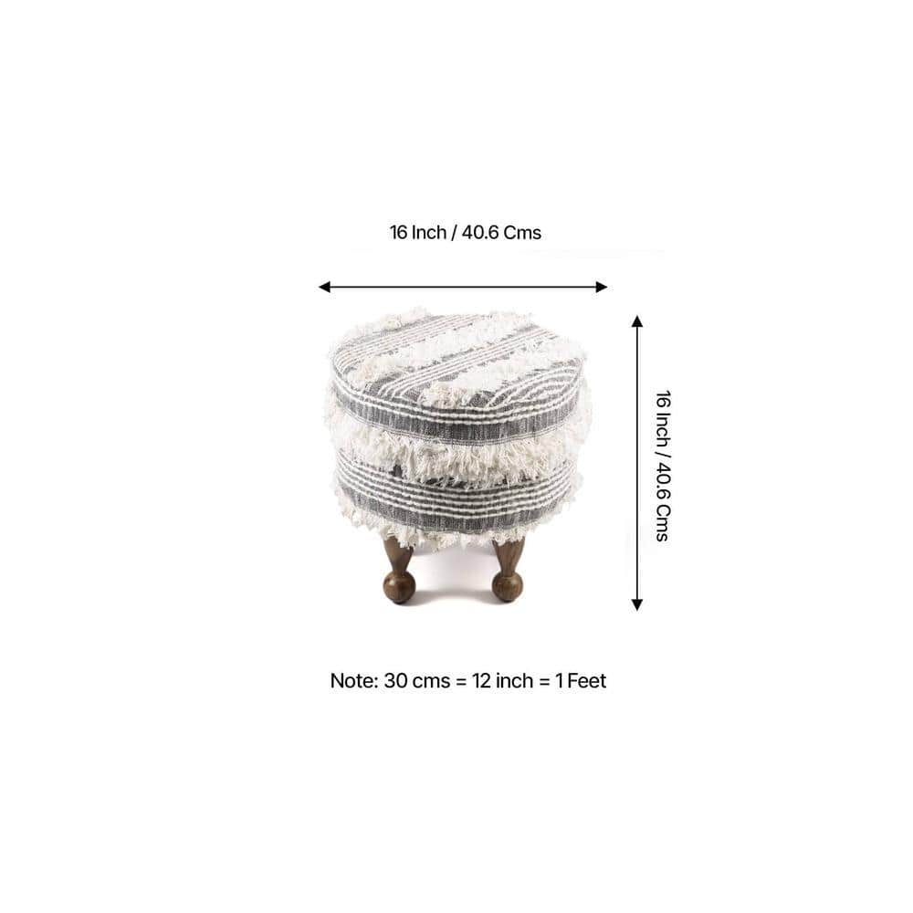 Louisville Acacia Wood Mid Century Round Pouf Stool in Grey Fabric