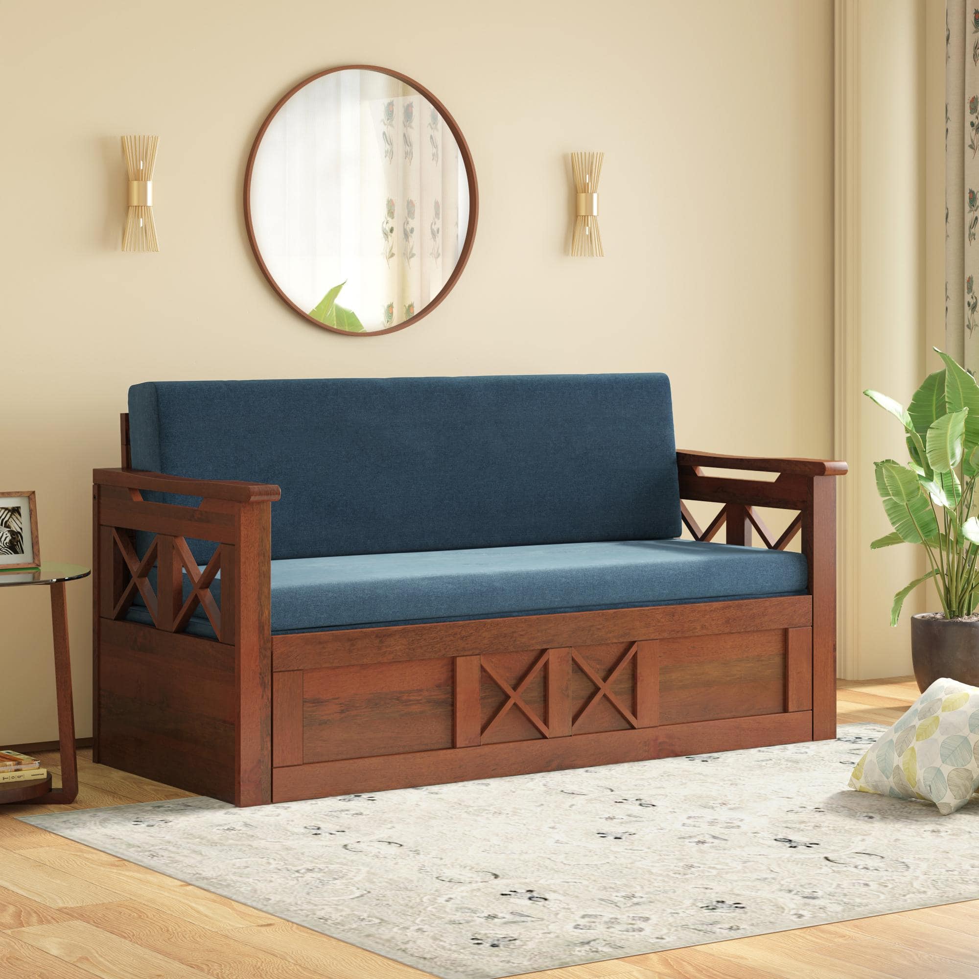 Bram 3 Seater Sofa Cum Bed in Honey Finish with Delft Blue Colour