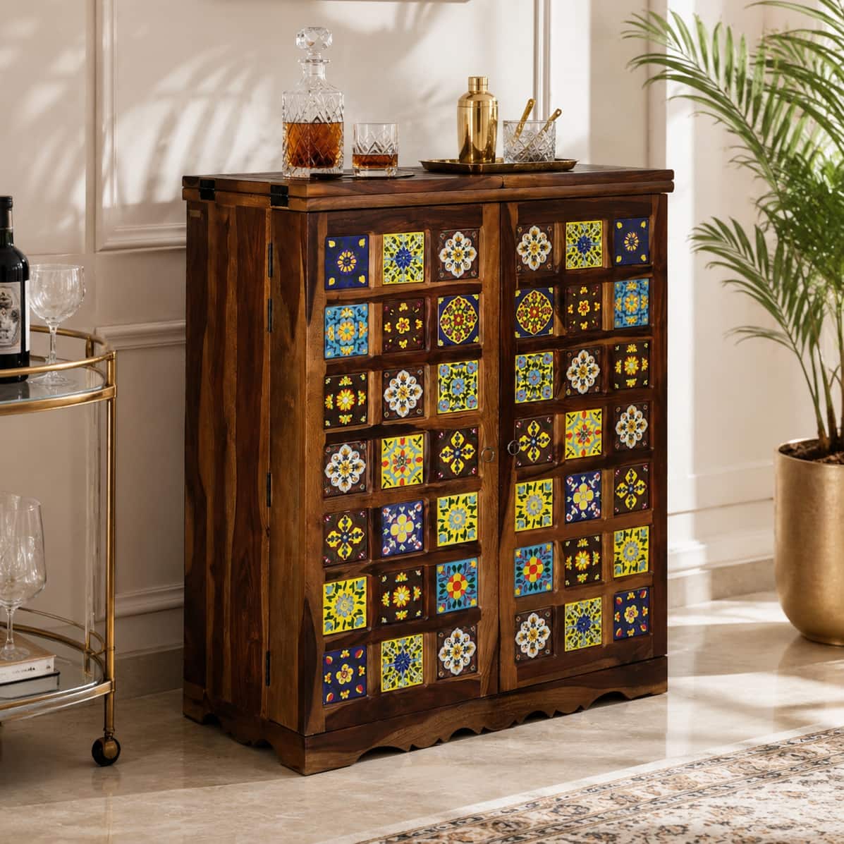 Rangrez Sheesham Wood Bar Cabinet in Provincial Teak Finish - Woodenmood
