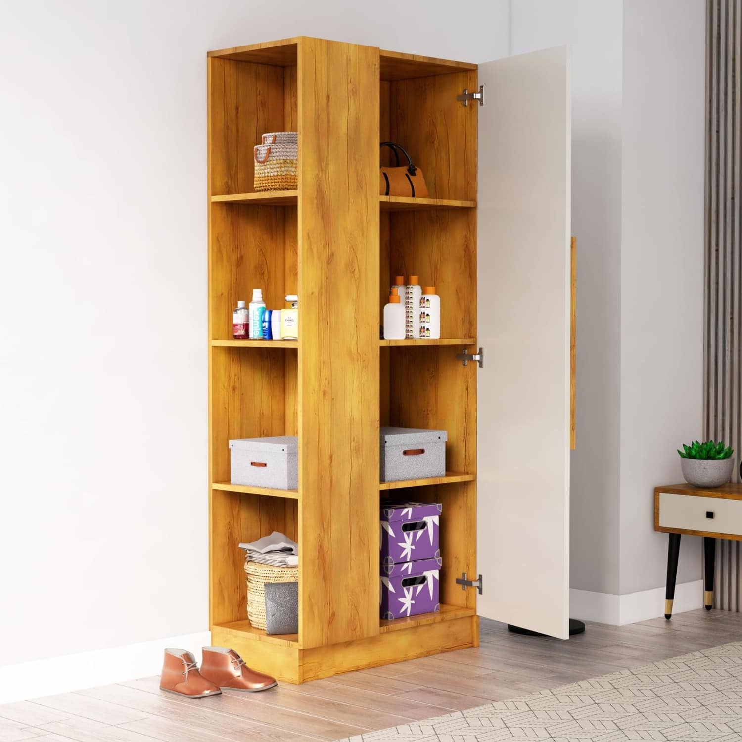 Hexa Red Wooden 1 Door Wardrobe with Hanging Space in Giant Wood and Frosty White Colour - HexaRed