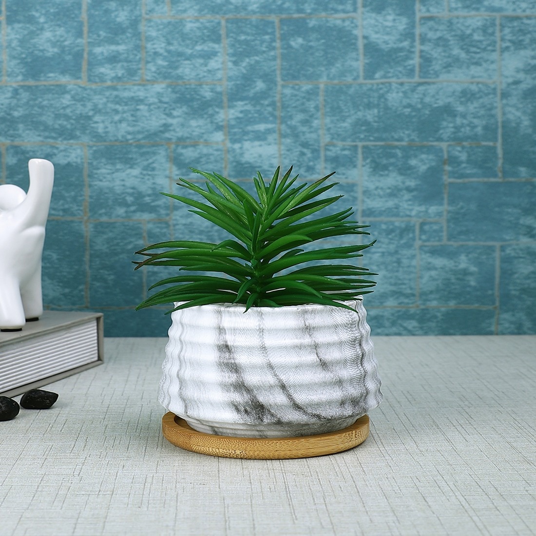 Artificial Succulent Plant In White Marble Effect Pot