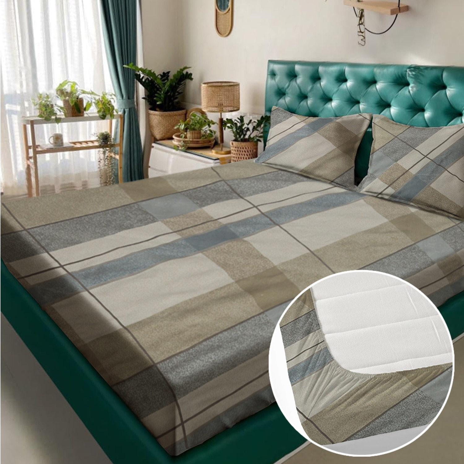 Multicolor Abstract 180 TC Fitted 1 King  Bedsheet with 2 Pillow Covers - Rosarahome