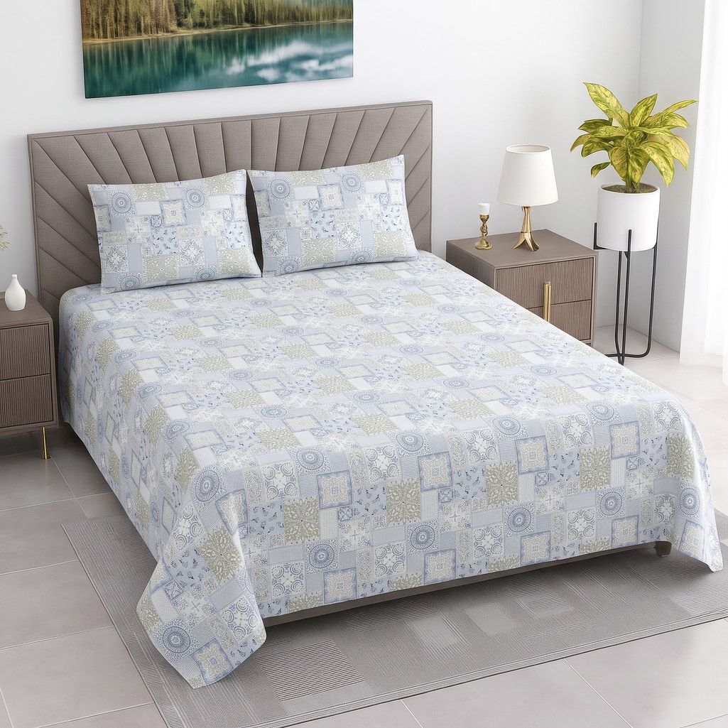 Cream Floral Cotton 400 Tc Flat Queen Size Bedsheet With 2 Pillow Covers
