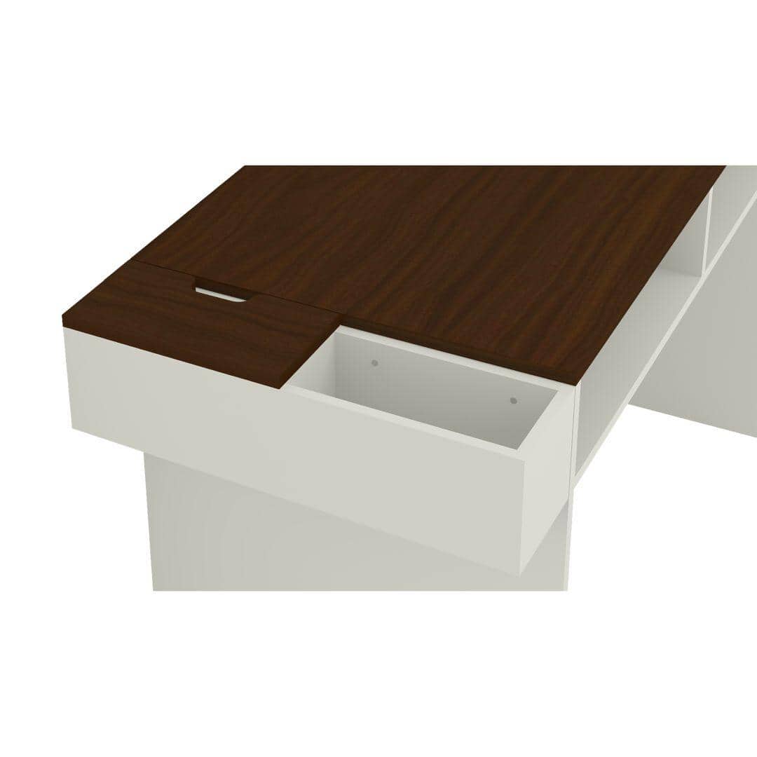 Ariana Study Desk with Shelves and Covered Storage cum Wire Extension Box in Ivory Coffee Walnut Colour