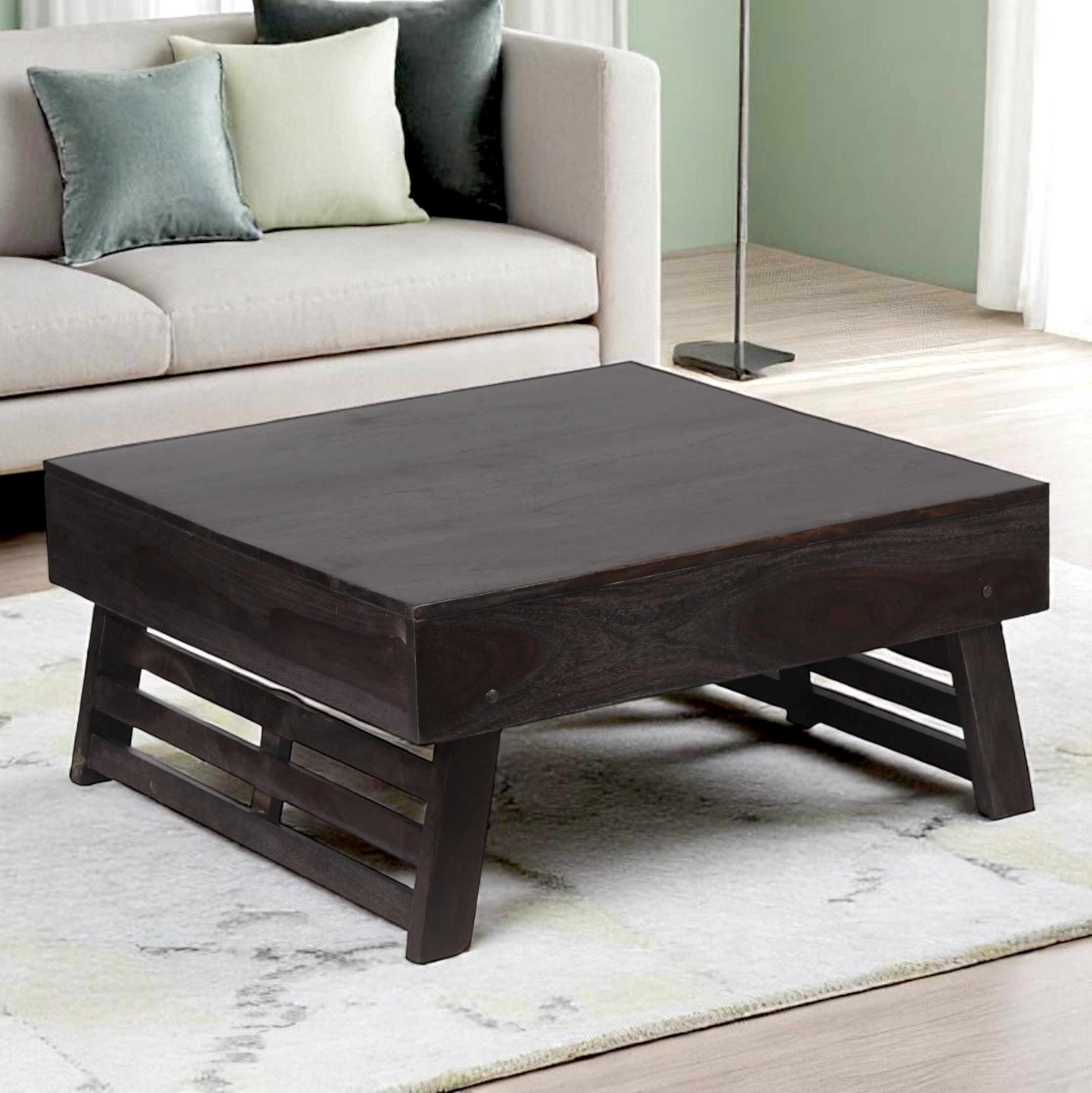 Bradford Sheesham Wood Coffee Table With Foldable Legs In Mahogany Finish