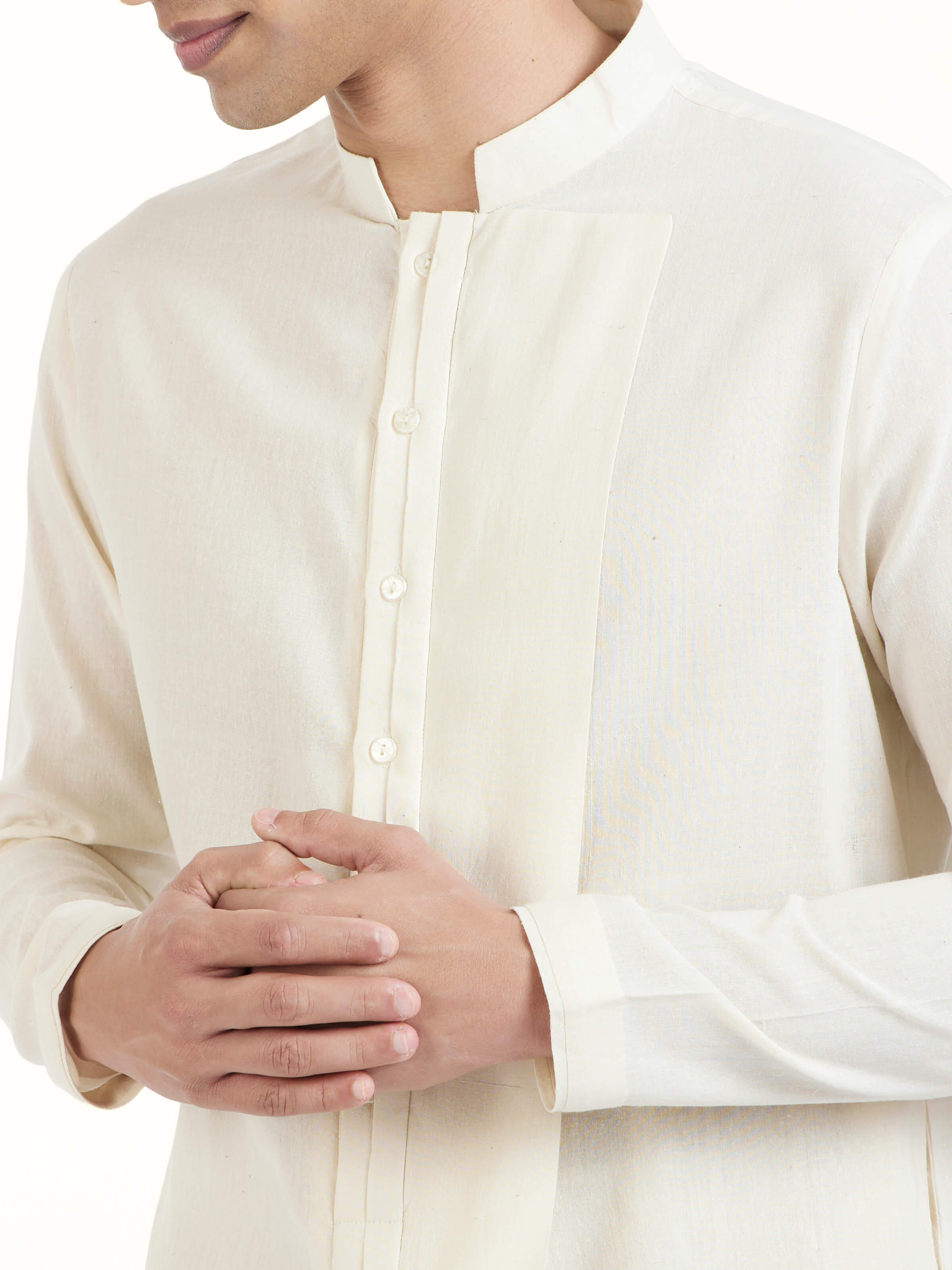 Detail view of peach silk handloom long kurta showing weave detail