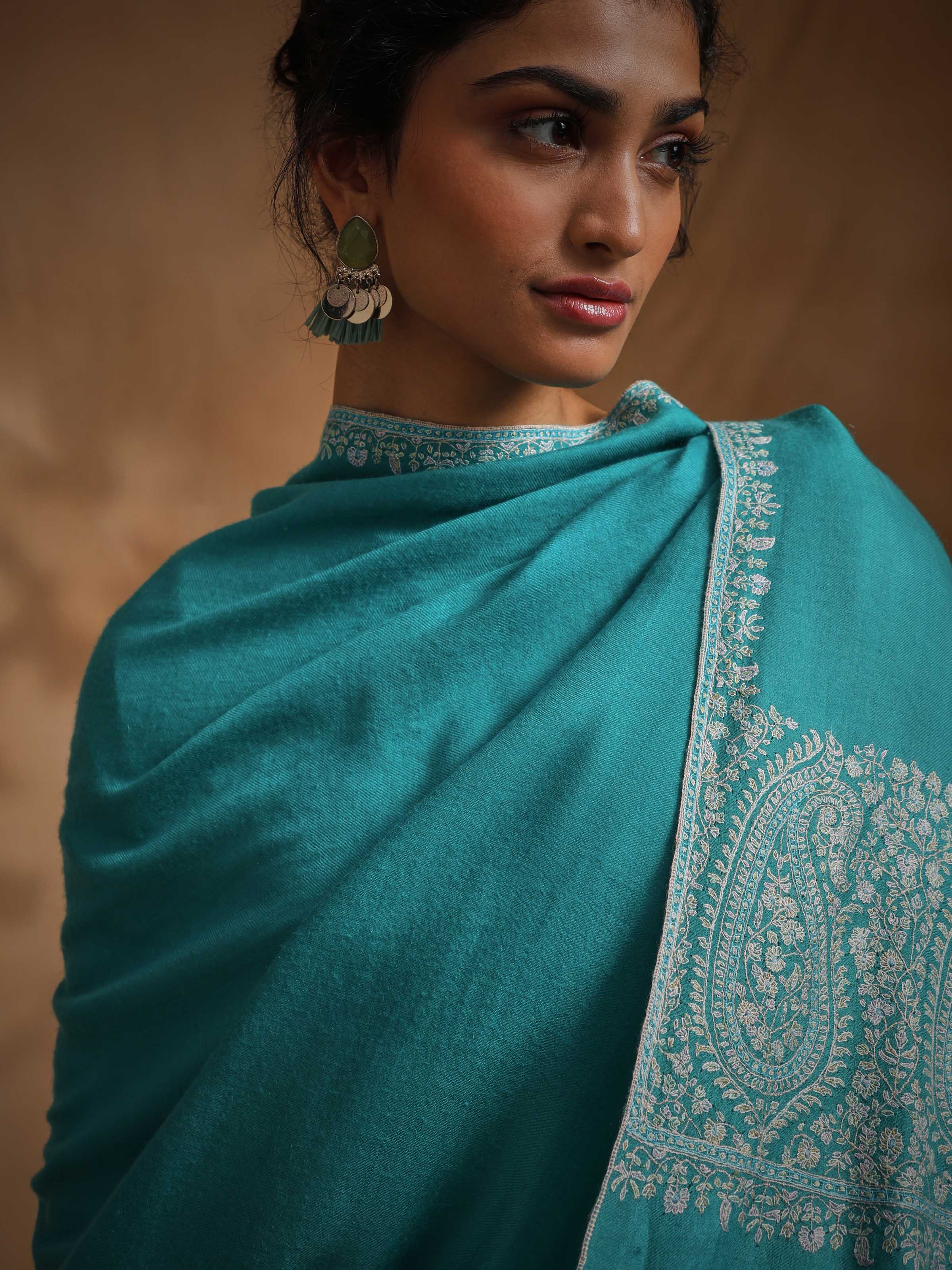 Turquiose Palledar Sozni Embroidered Shawl