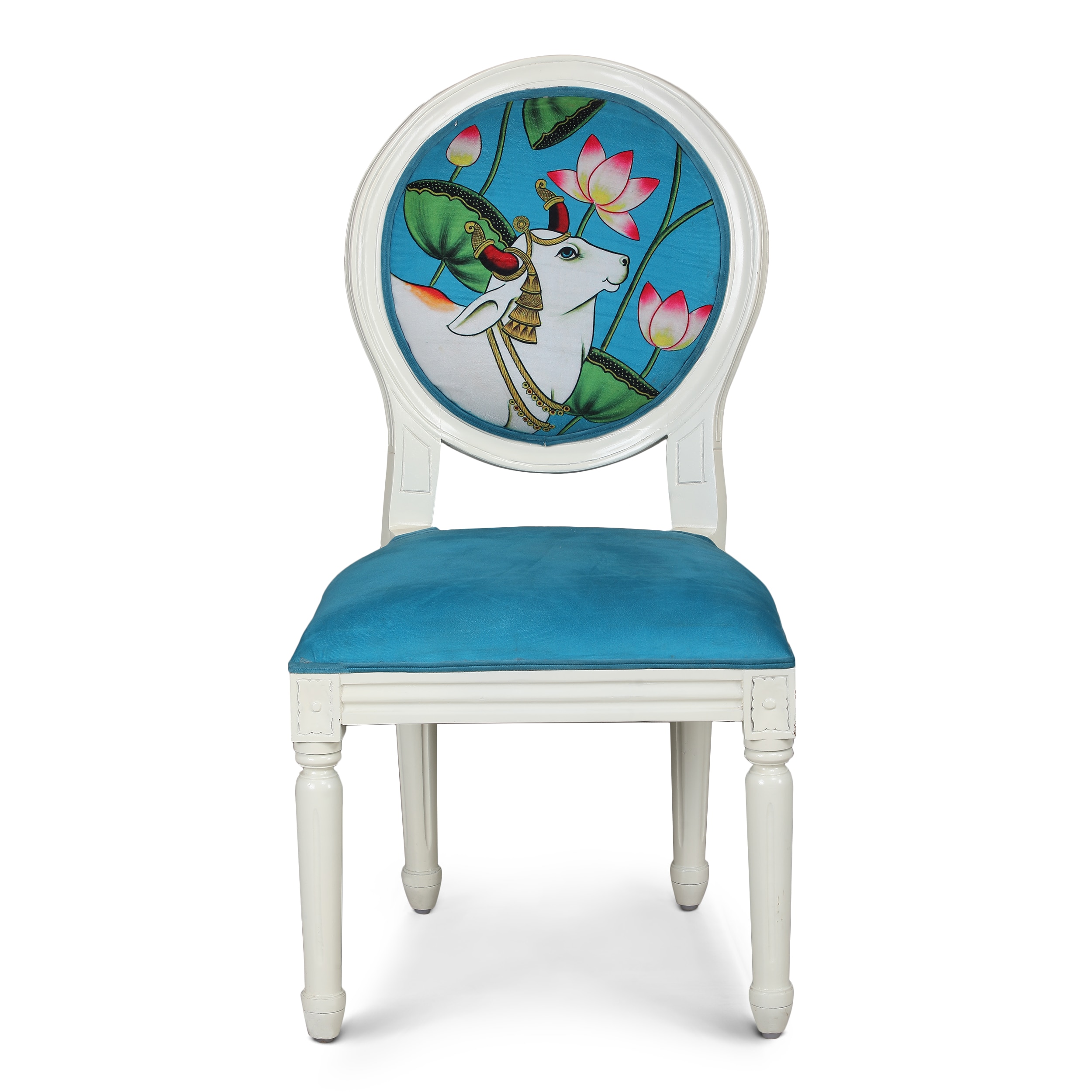 Traditional Indian Pichwai Work Wooden Dining Chair in Blue Colour