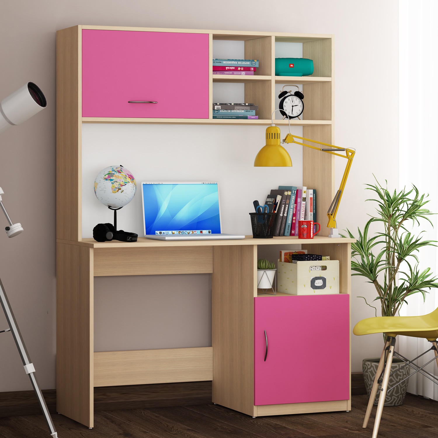 Passion Study Table Beige Teak Pink And Frosty White - Woodbuzz