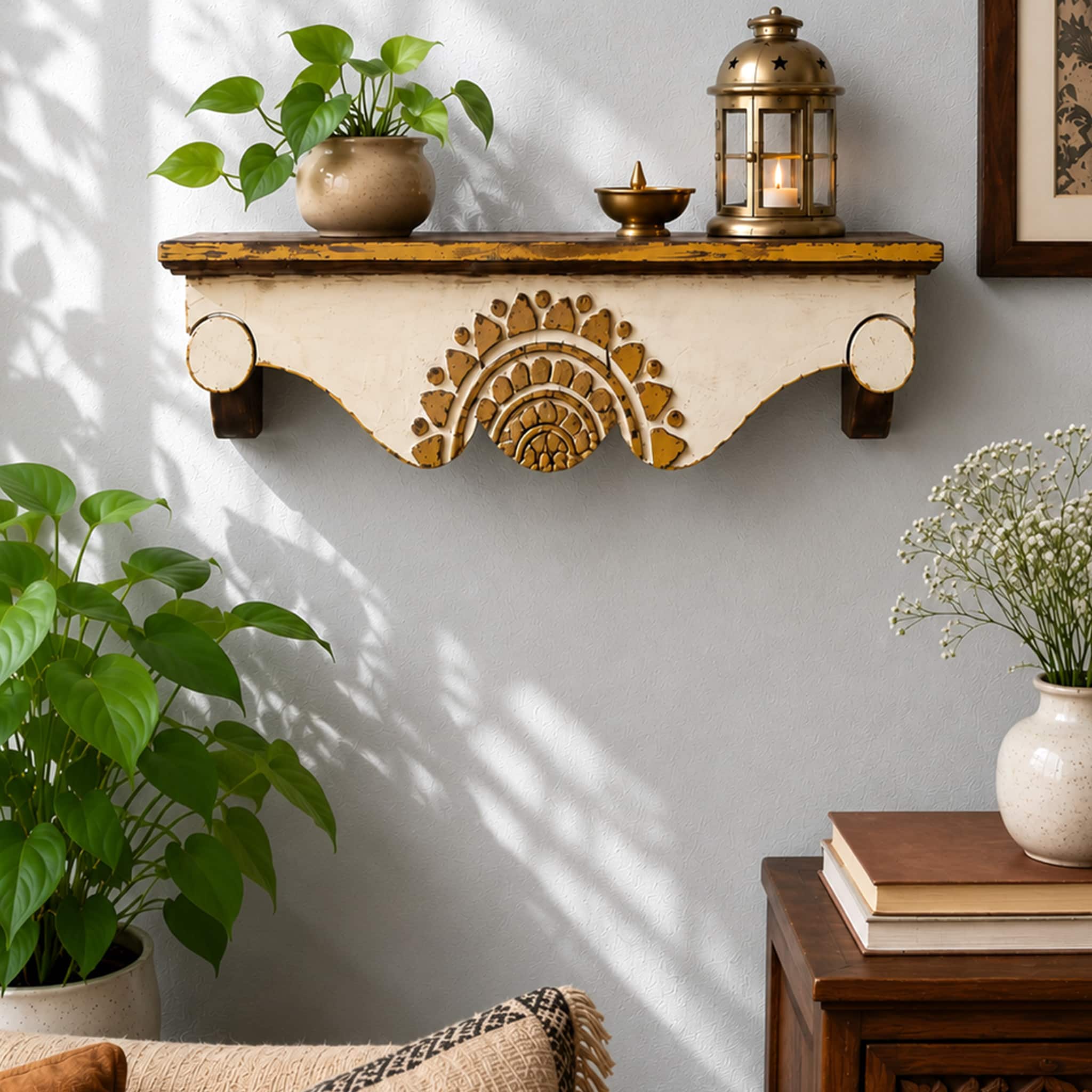 Multishade Colour Solid Wood Handcarved Gandiva Floating Wall Shelf with distres finish by DisooFashions - Disoo Fashions