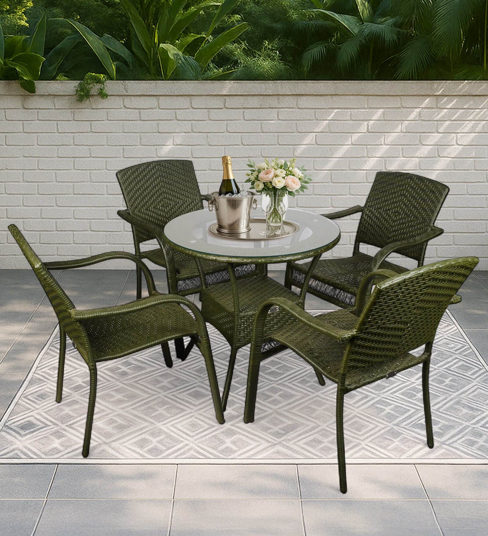 Wagga Wagga Wicker Table And Chair Set In  Dark Dreen Dual Tone Finish