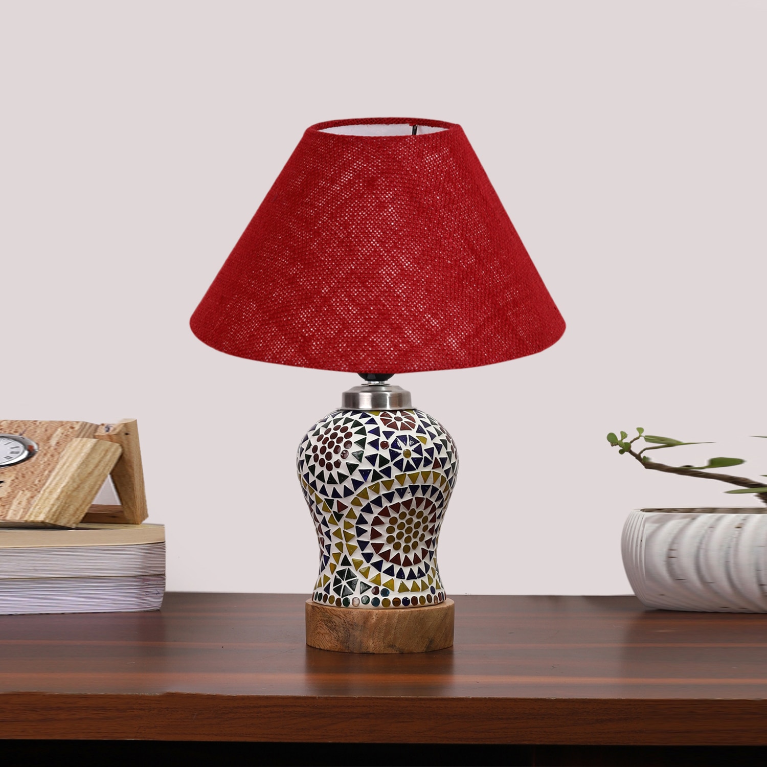 Devansh Conical Maroon Jute Shade Lamp With Wood & Mosaic Glass Base For Decoration/Office/Home/Gifting/Study For Decoration/Office/Home/Gifting/Study -(10X10X14.5) Inches -A