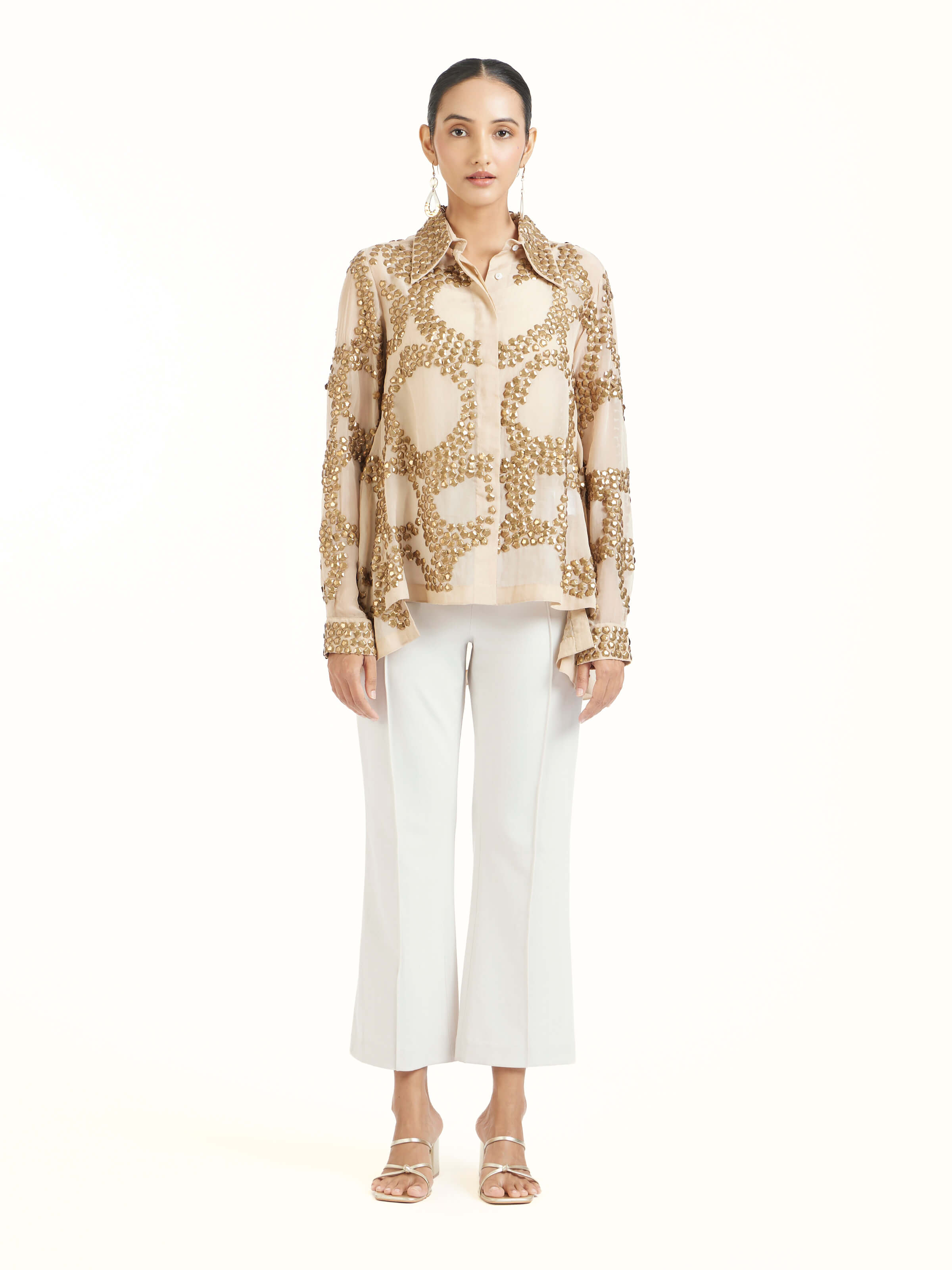 Front view of beige hand embroidered organza gold shirt with ornate detailing