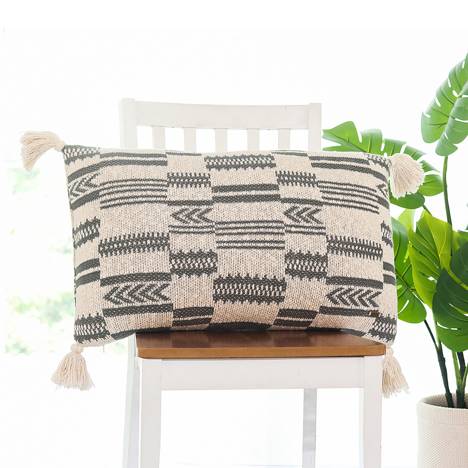 Tribal Knit Pillow Cover  Grey Natural 16X24  Inches - Pluchi