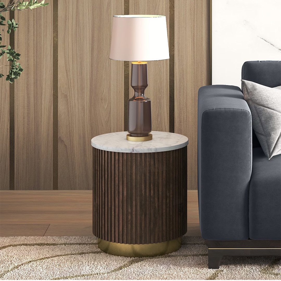 Aurora Round White Marble and Solid Wood Side Table in Java Walnut finish