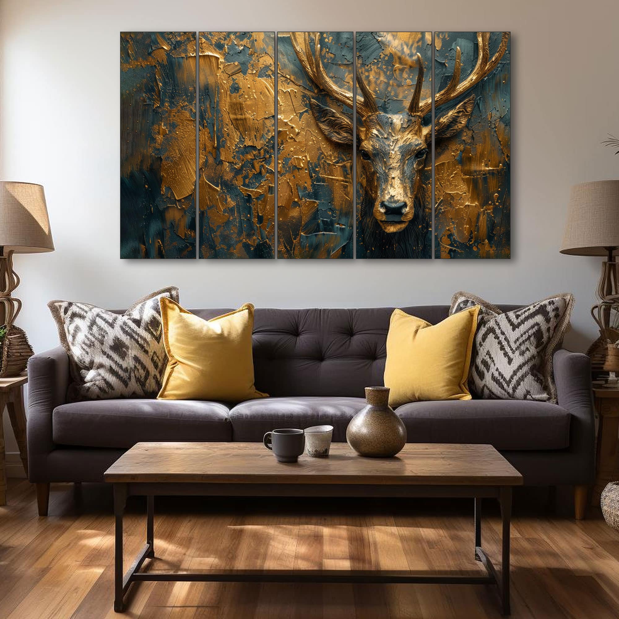 The Castle Decor Gold Teal Deer Wall Art Wooden Framed 27x48 Inch - The Castle Decor