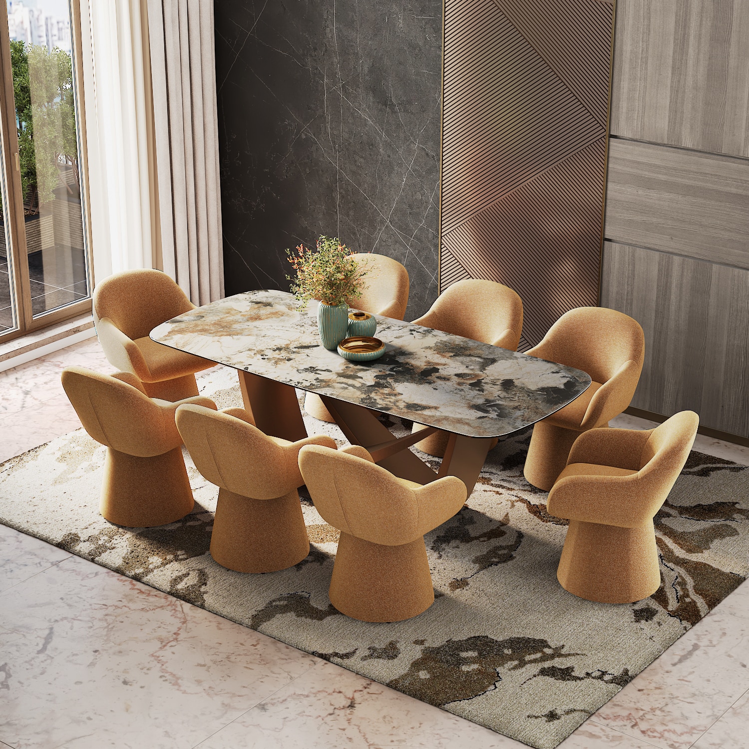 Paloma 8 Seater Spanish Ceramic Dining Table With 8 Selene Dining Chairs (Finish : Spanish Ceramic, Chair Colour : Mustard)