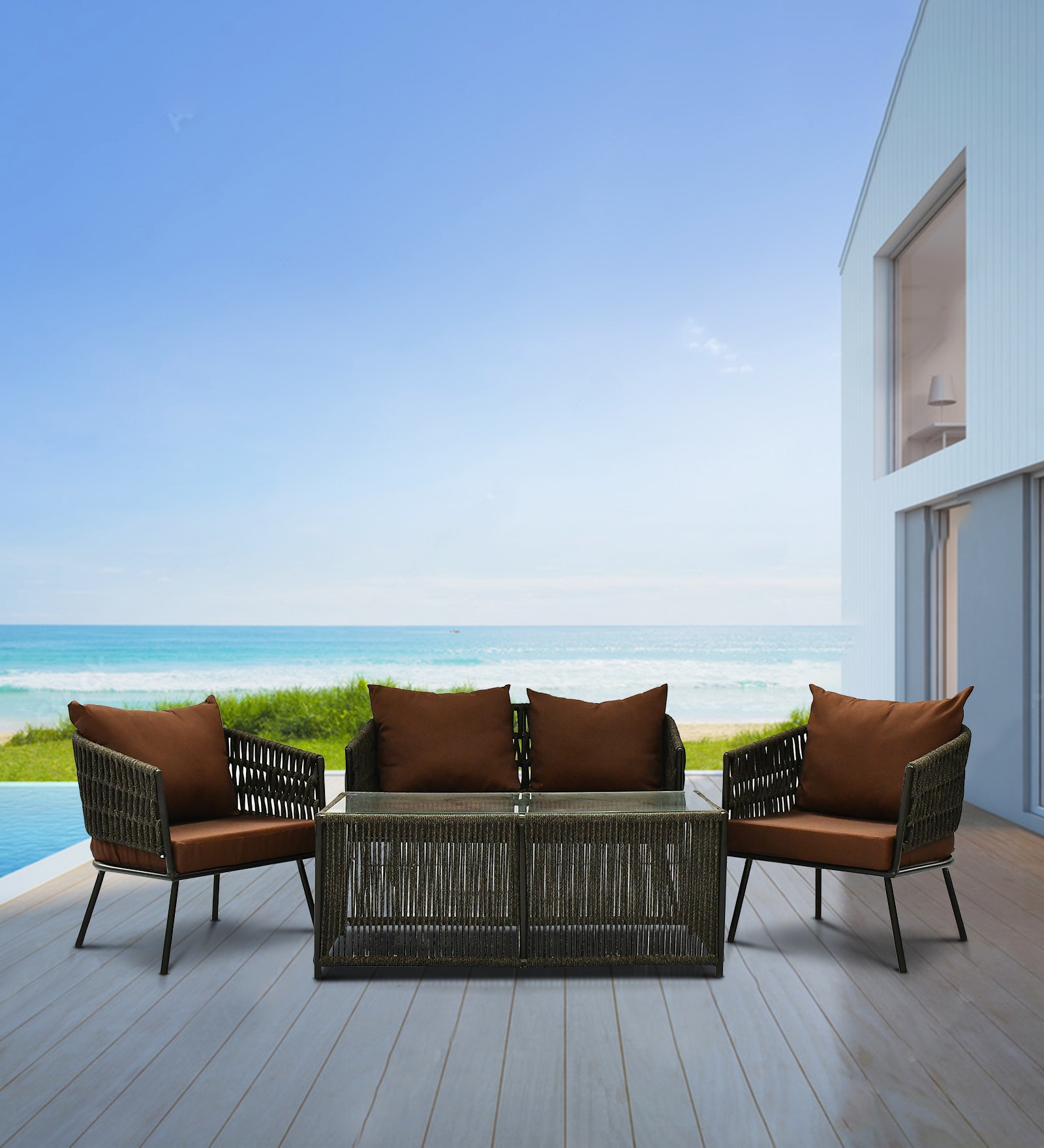 Bibao 2+1+1 Seater Rope Sofa Set in Charcoal and Brown Finish