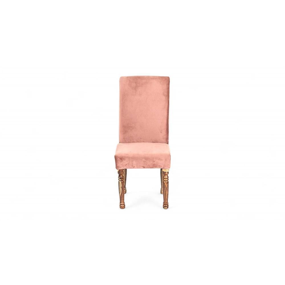 Rosslyn wood Dining Chair in Coral Pink Velvet Upholstery with TEAK FINISH