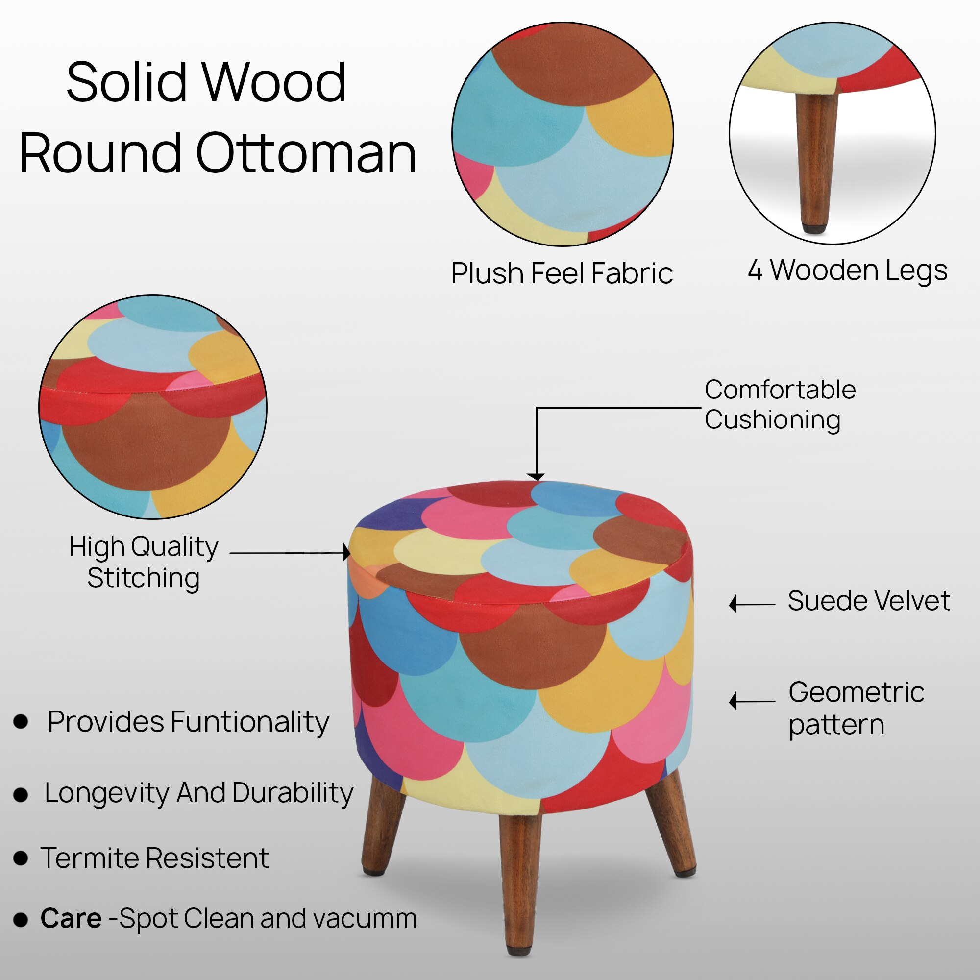 Caleb Solid Wood  Ottomon in  Multicolor Colour