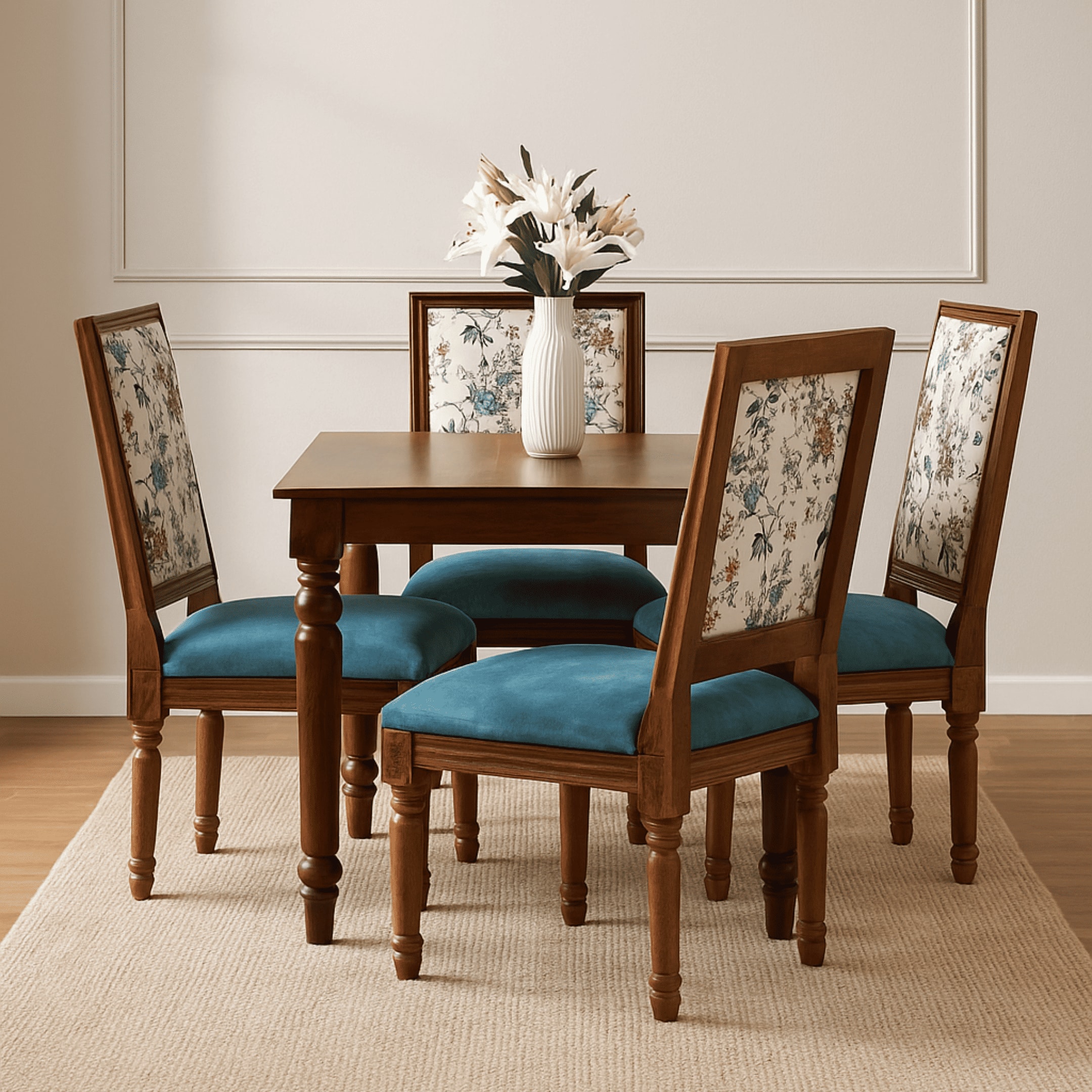Globally Indian Sheesham Wood 4 Turning Leg Seater Dining Table Set With Upholstered Chairs – Wooden Dining Room Furniture For Home"