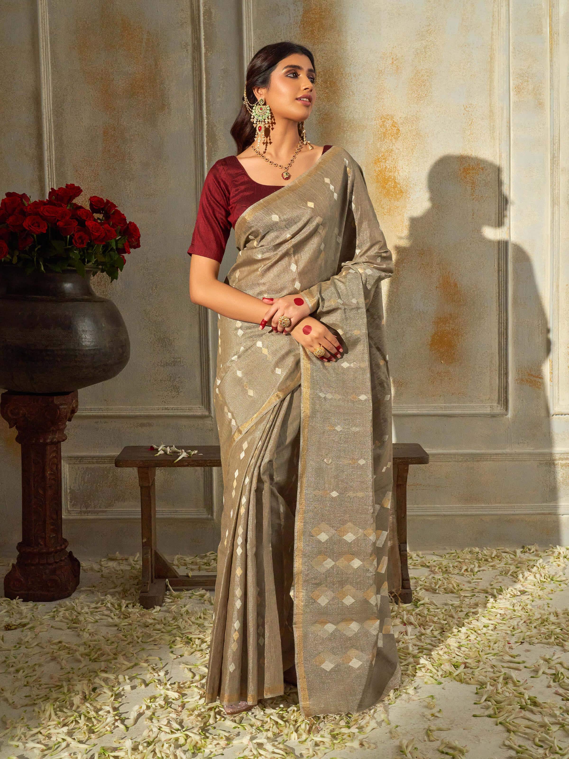 Light Grey Tussar Silk Saree