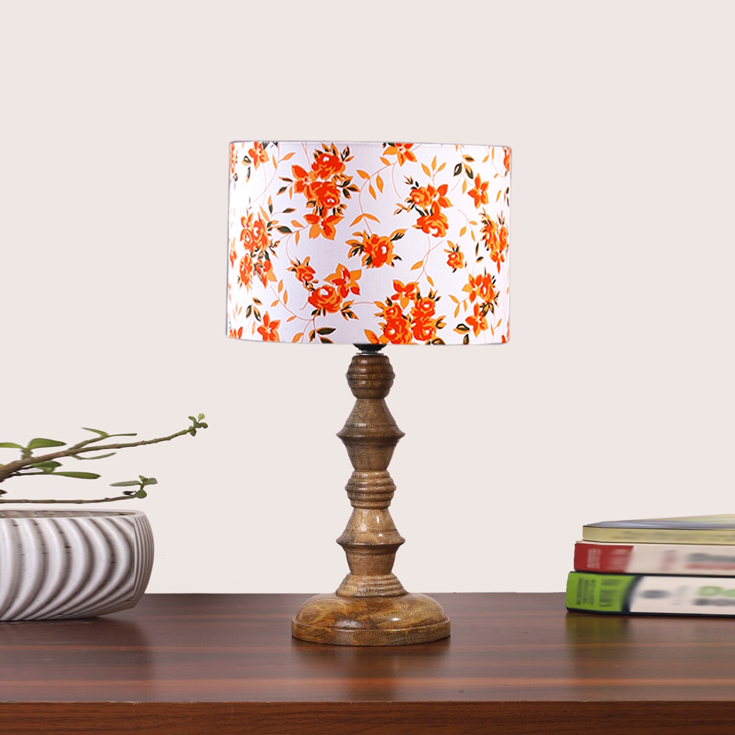 Devansh Multicolor Cotton Table Lamp With  Wood Natural Base (7X7X15.5 Inches)-14
