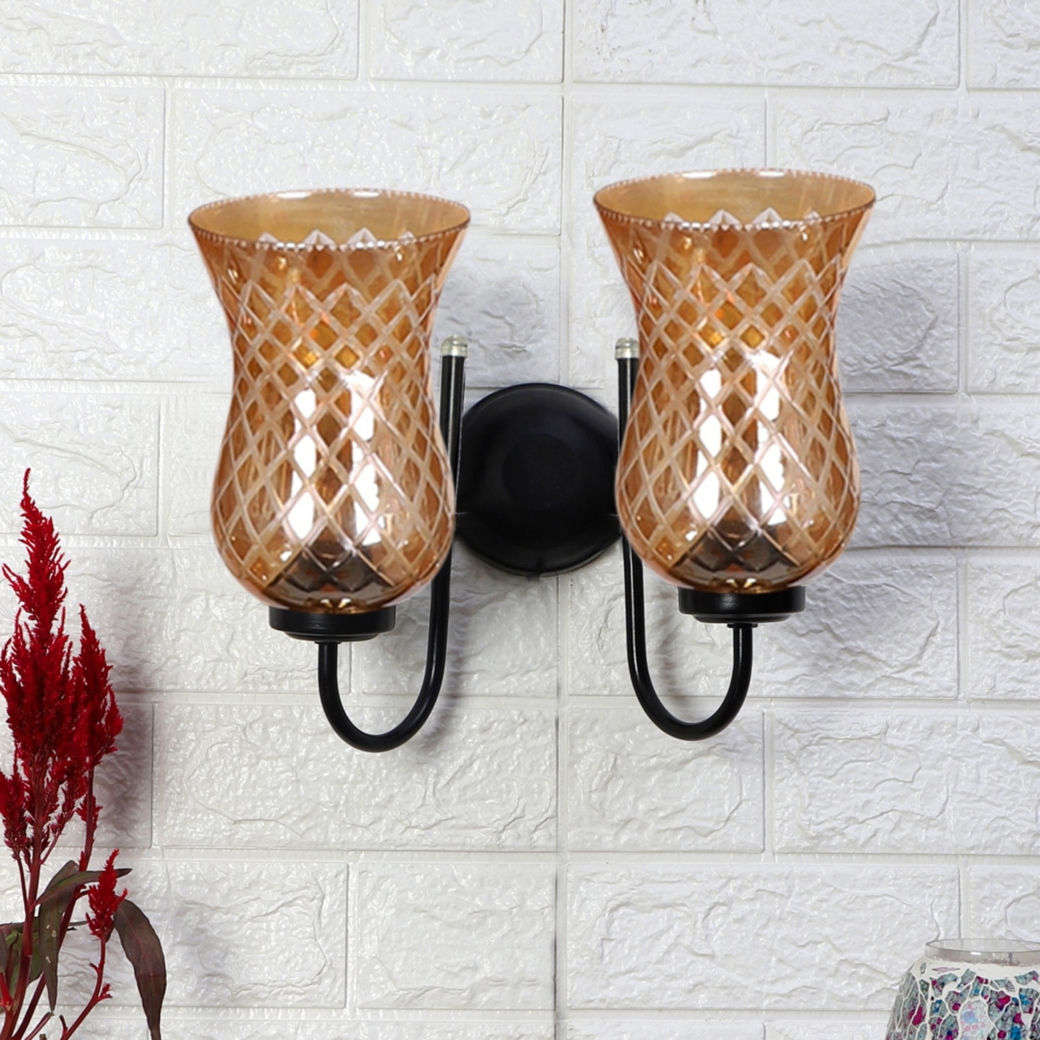 Devansh Metal Electric Wall Light in black Colour with Lavender Shade Count of 2 Lights - Devansh