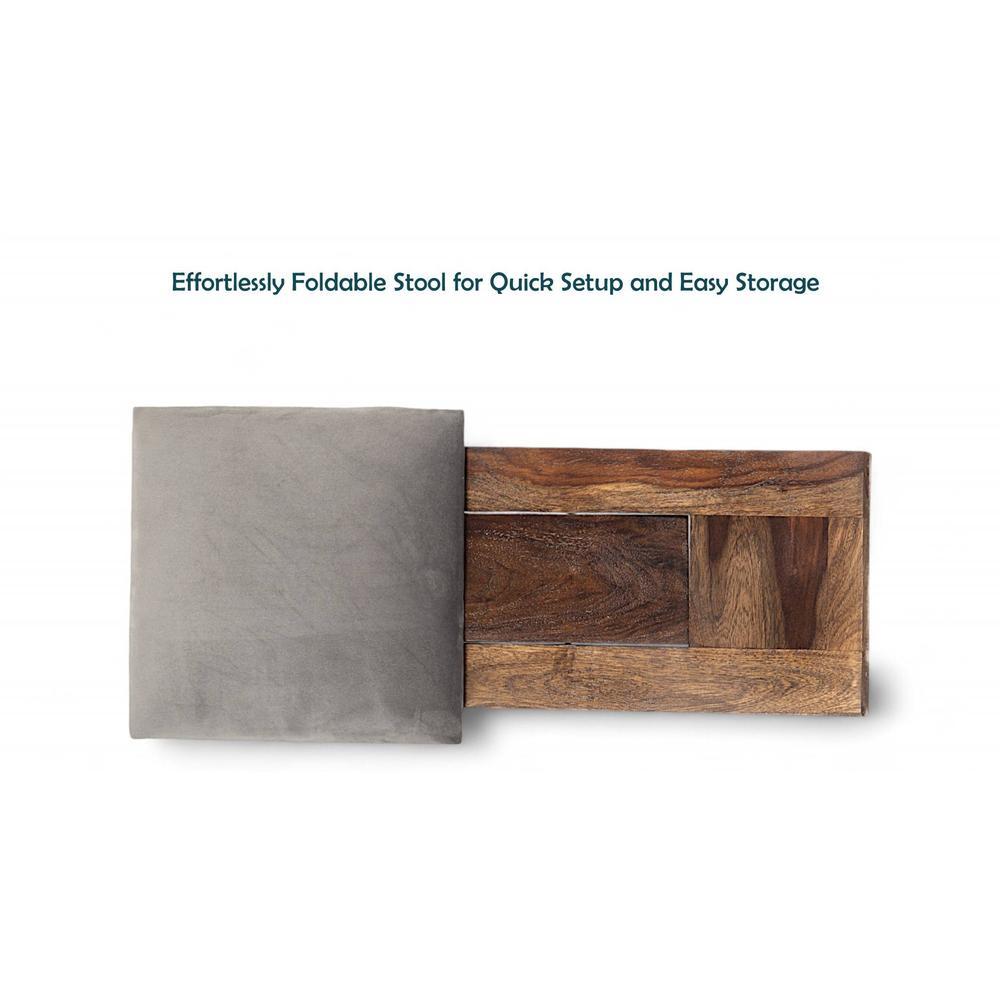 Dayton Sheesham Wood Accent Square Set of 2   Stools in Grey Cotton Velvet Upholstery