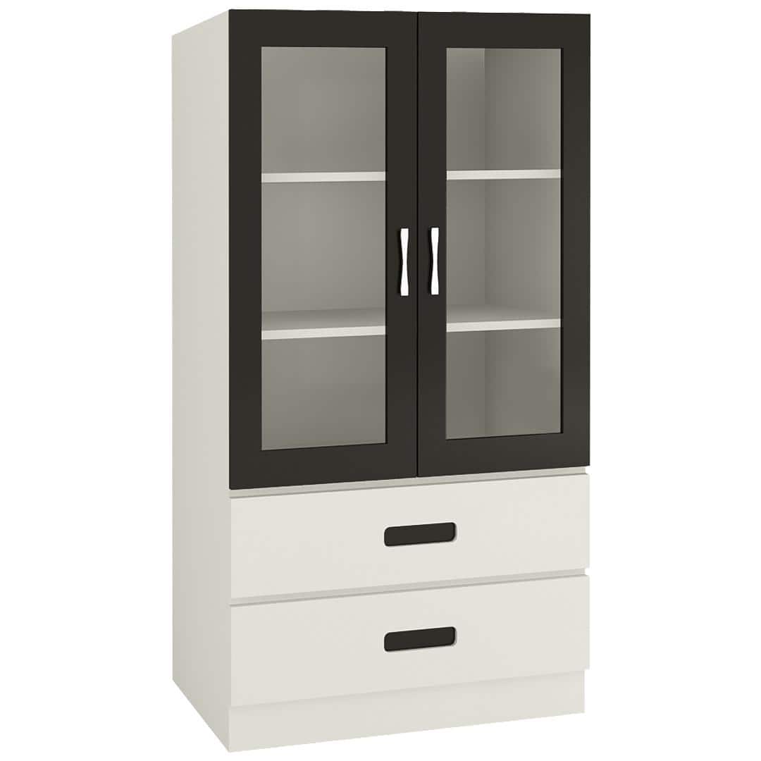Paloma Large Crockery cum Bookshelf Cabinet with Toughened Glass Shutters and Drawers in Ivory Carbon Black Colour