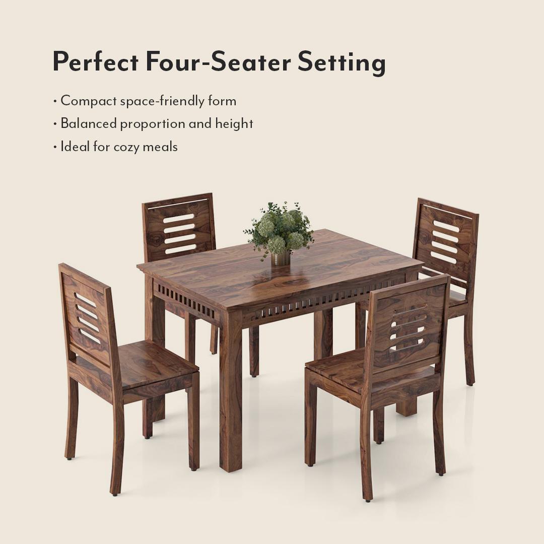 Fidora 4 Seater Dining Table With Set Of 4 Capra Dining Chairs (Finish- Teak, Colour- White)