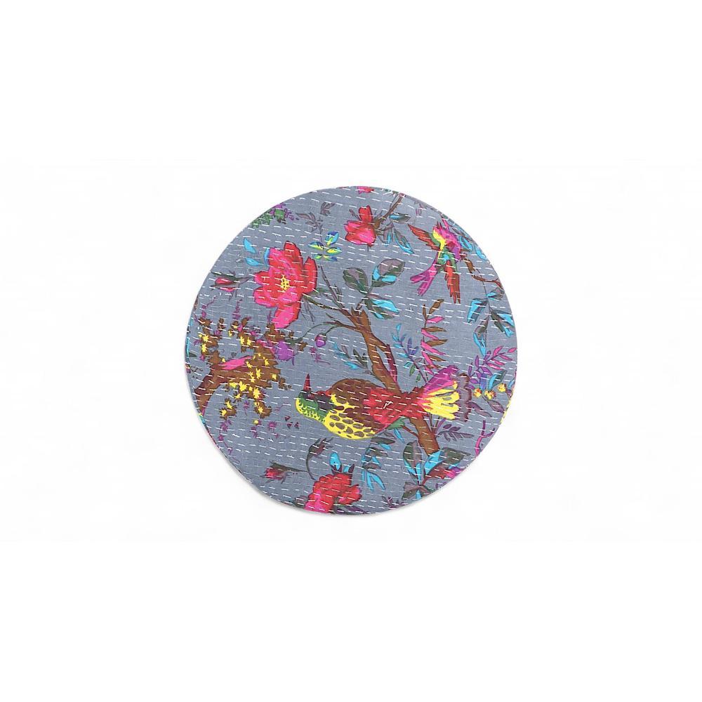 Roswell Sheesham Wood Mid Century Round Stool in Grey Brid Print Kantha Upholstery