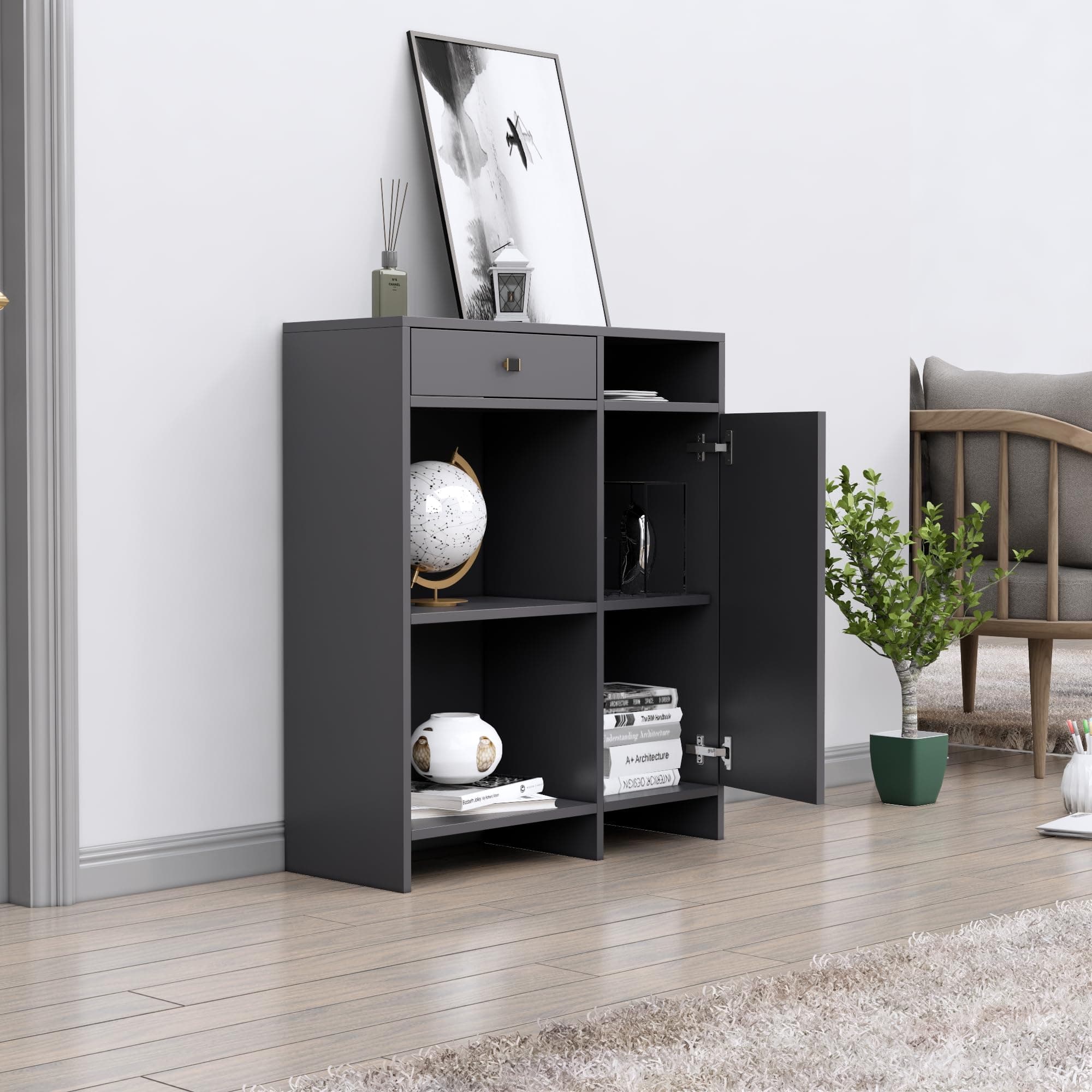 Hexa Red Multipurpose Storage Cabinet With 1 Drawer 1 Door in Slate Grey Colour - HexaRed