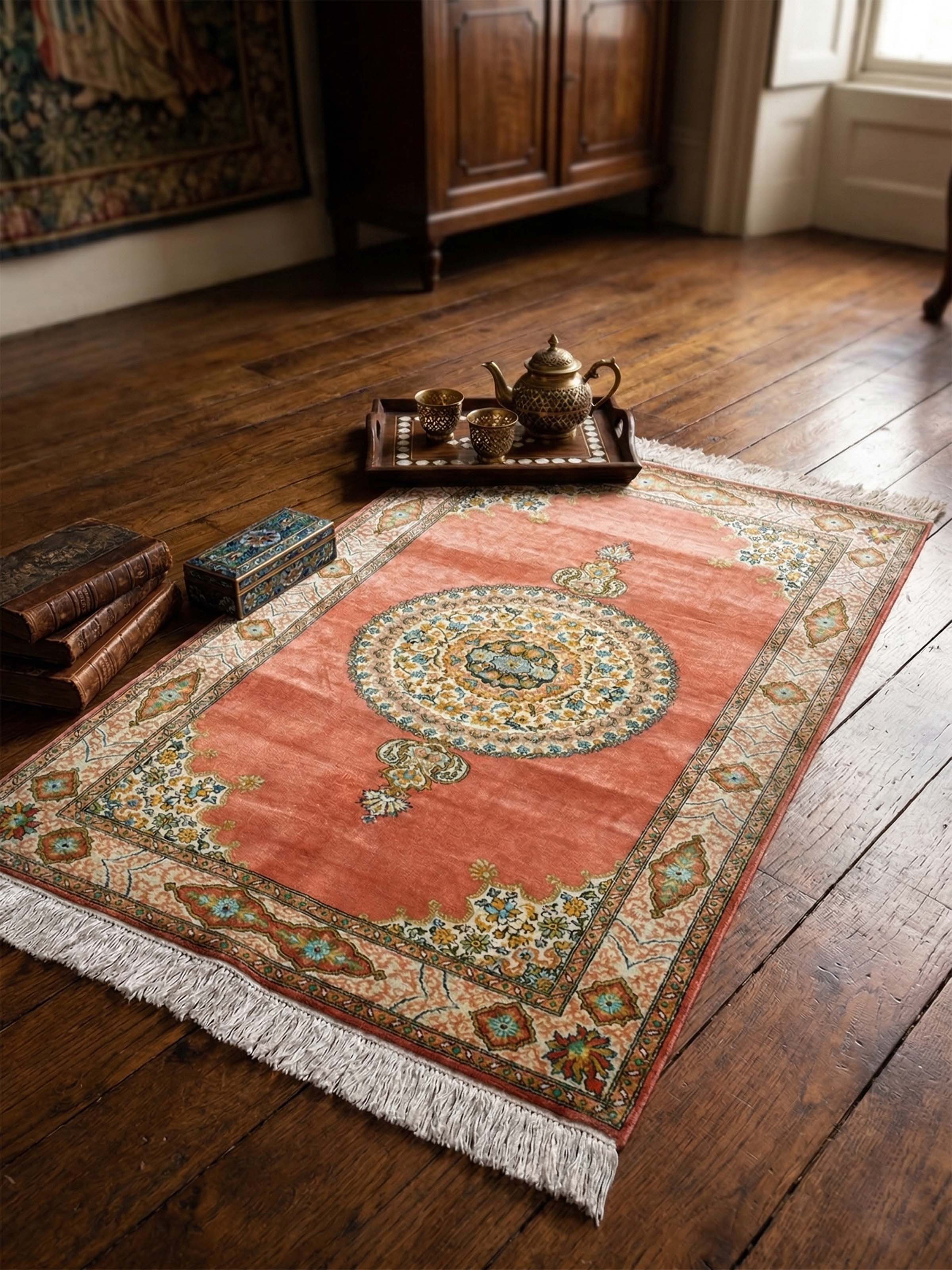 Traditional Persian Rust Opan Kashmir Silk Hand-Knotted Carpet