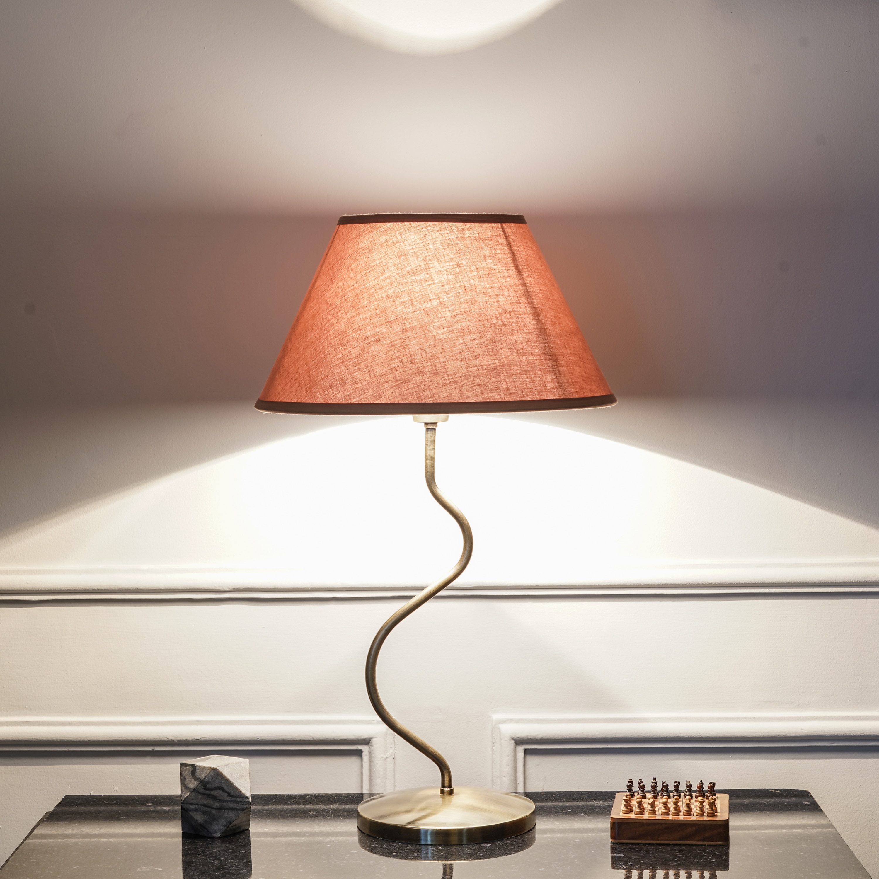 Lysandra Zigzag Table Lamp In Antique Brass Finish With Beige Cotton Shade