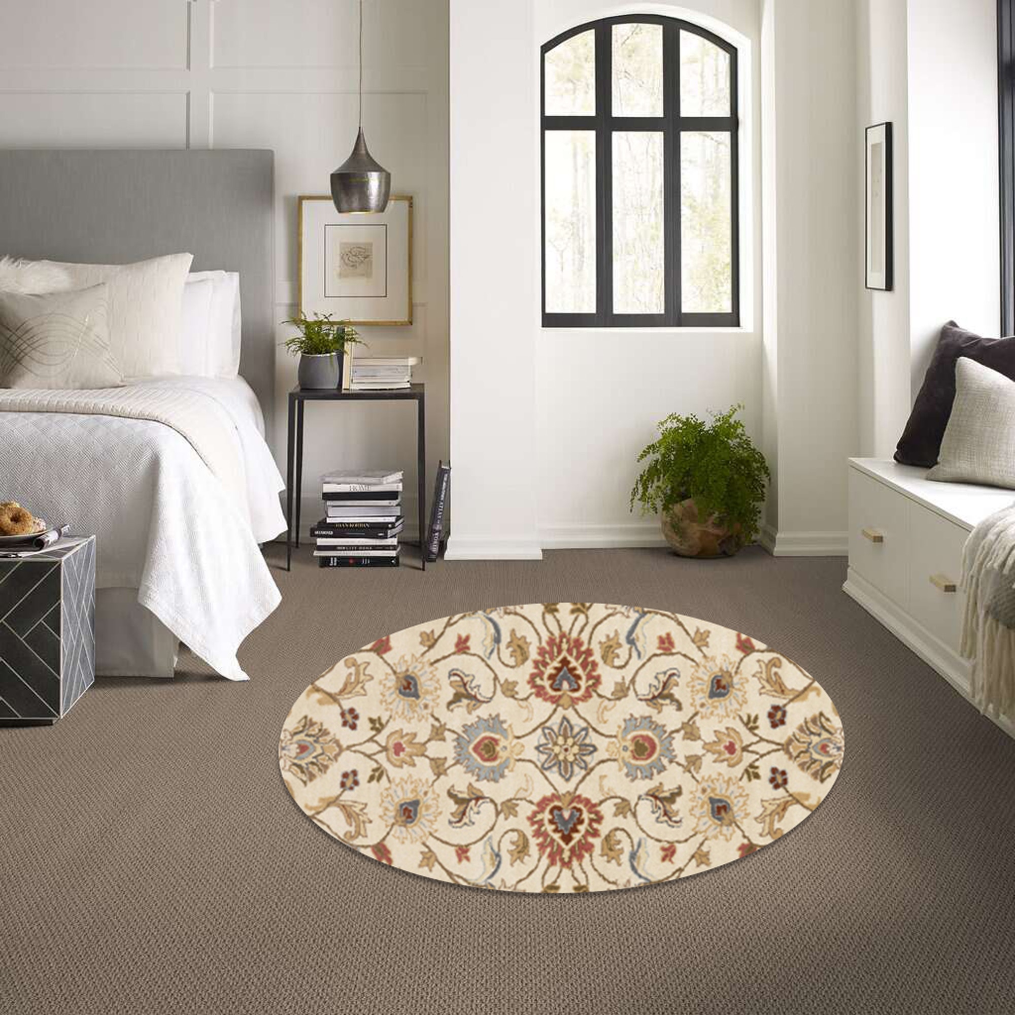 White Floral Round Wool Carpet