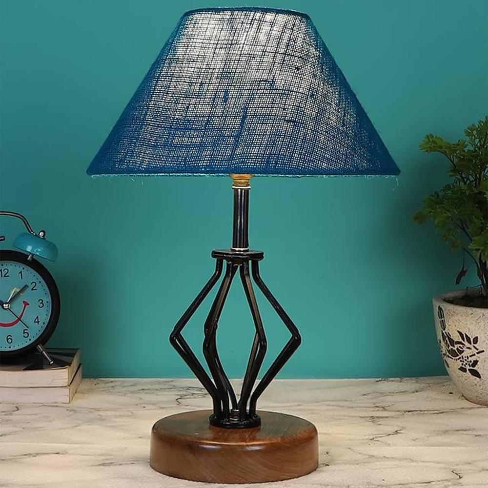 Esmeralda Turquoise Jute Table lamp with Wood & Iron Base