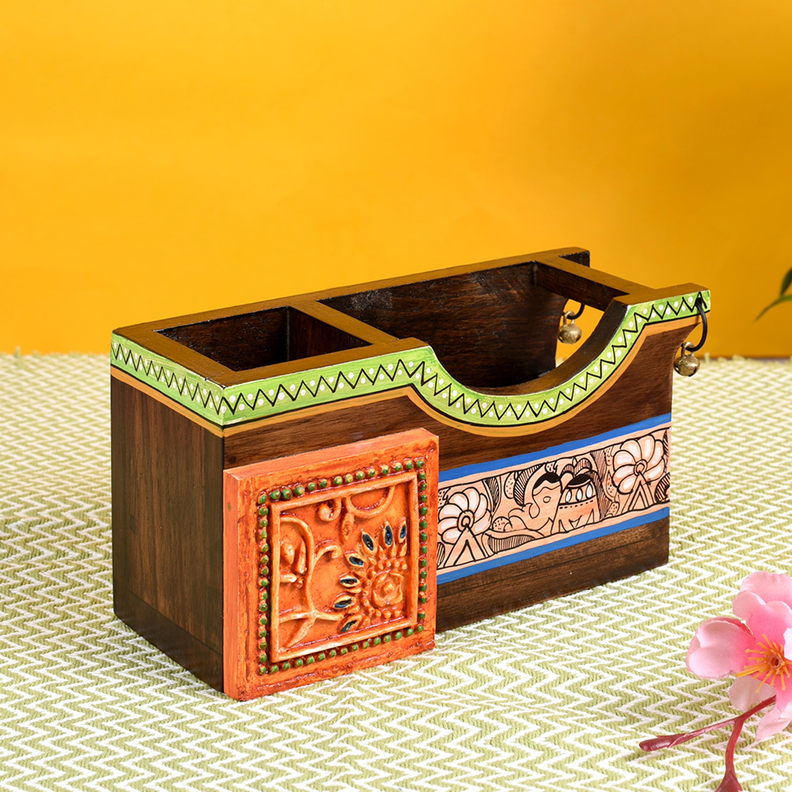 Cutlery Holder Handcrafted in Wood with Madhubani Art (8x3.5x4")
