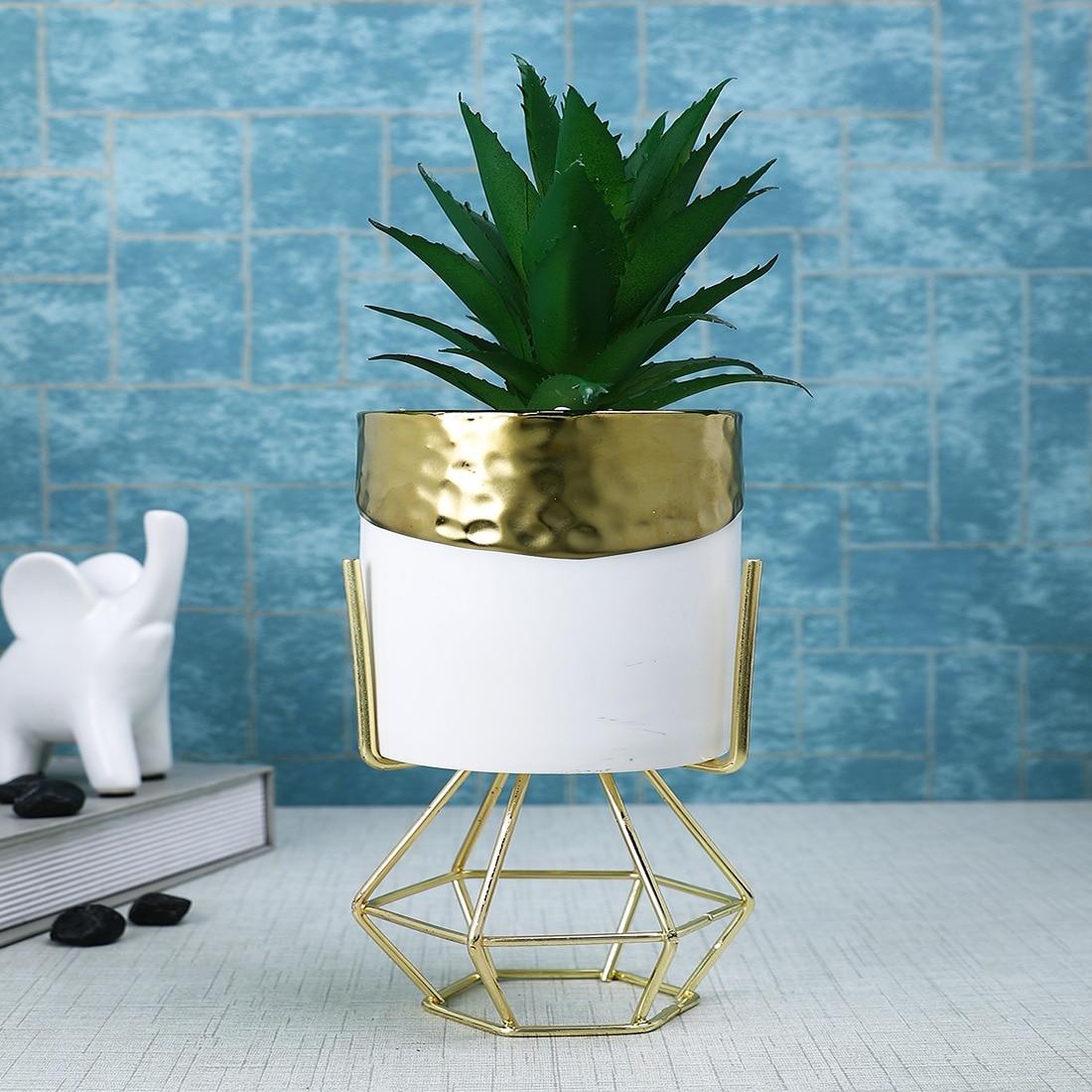 Artificial Agave Plant In White & Gold Pot