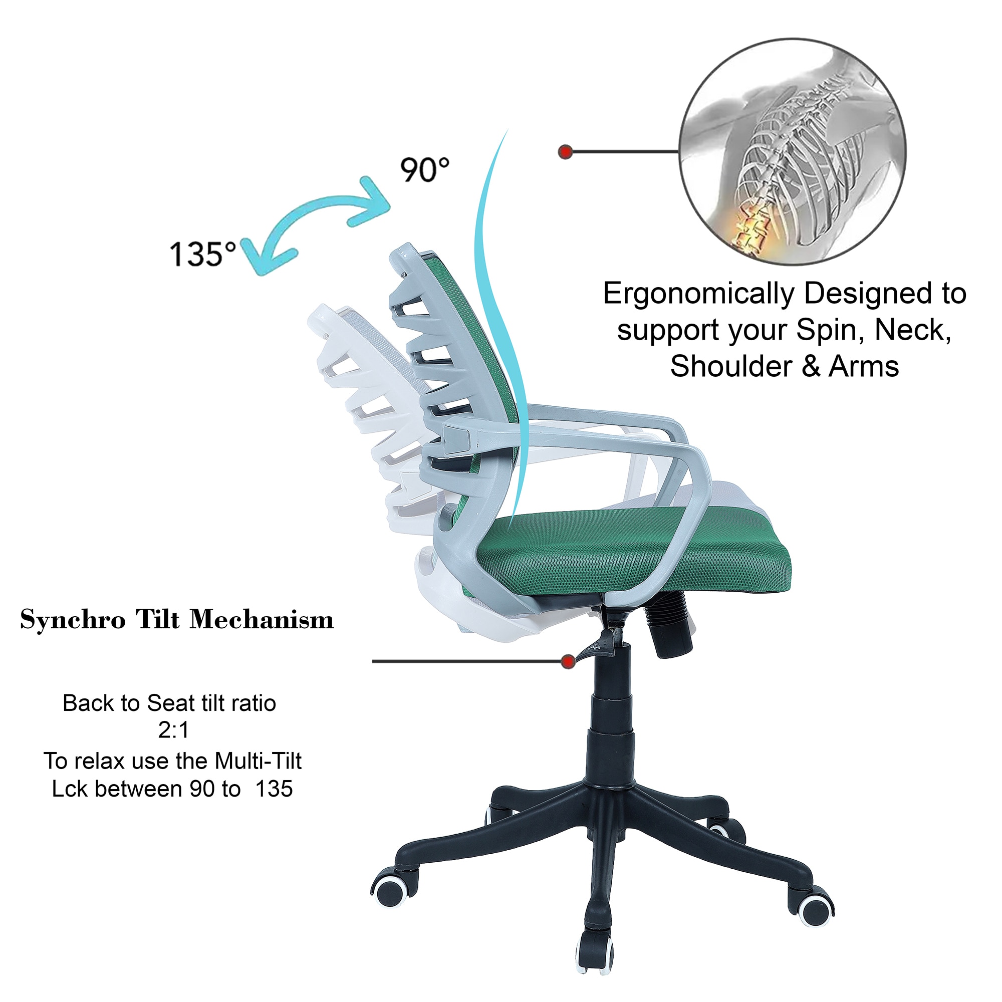 Xxeana Mid Back Ergonomic Chair in Dark Green Colour
