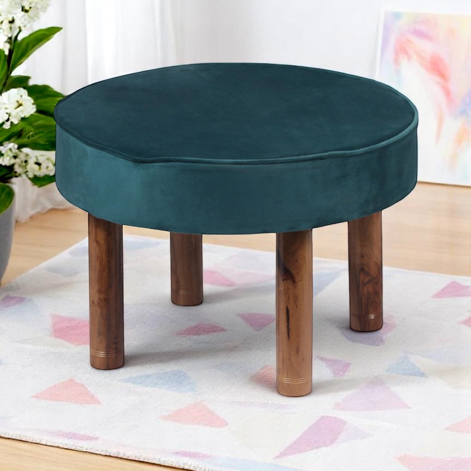 Sandford Solid Wood Ottoman in Turquoise Sea Velvet