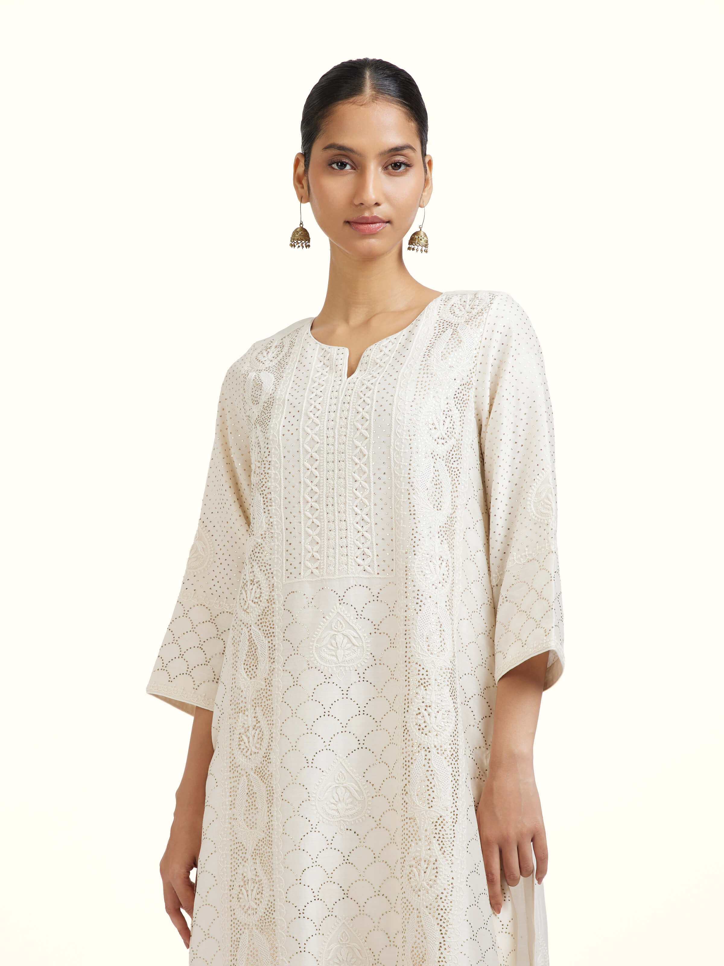 White Chanderi Cotton Silk Chikankari A-Line Kurta