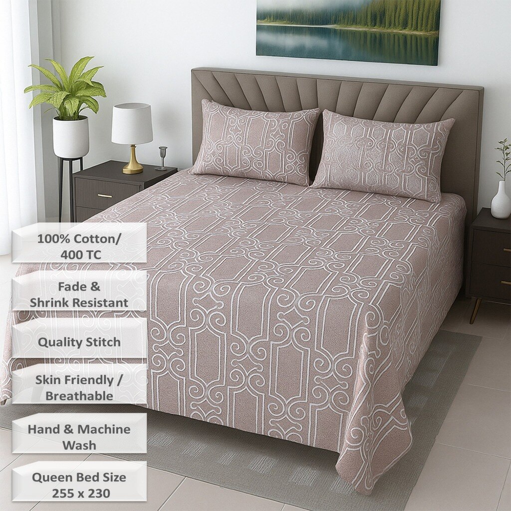 Peach Abstract 400 TC Cotton Flat Queen Size Bedsheet With 2 Pillow Covers  Threads
